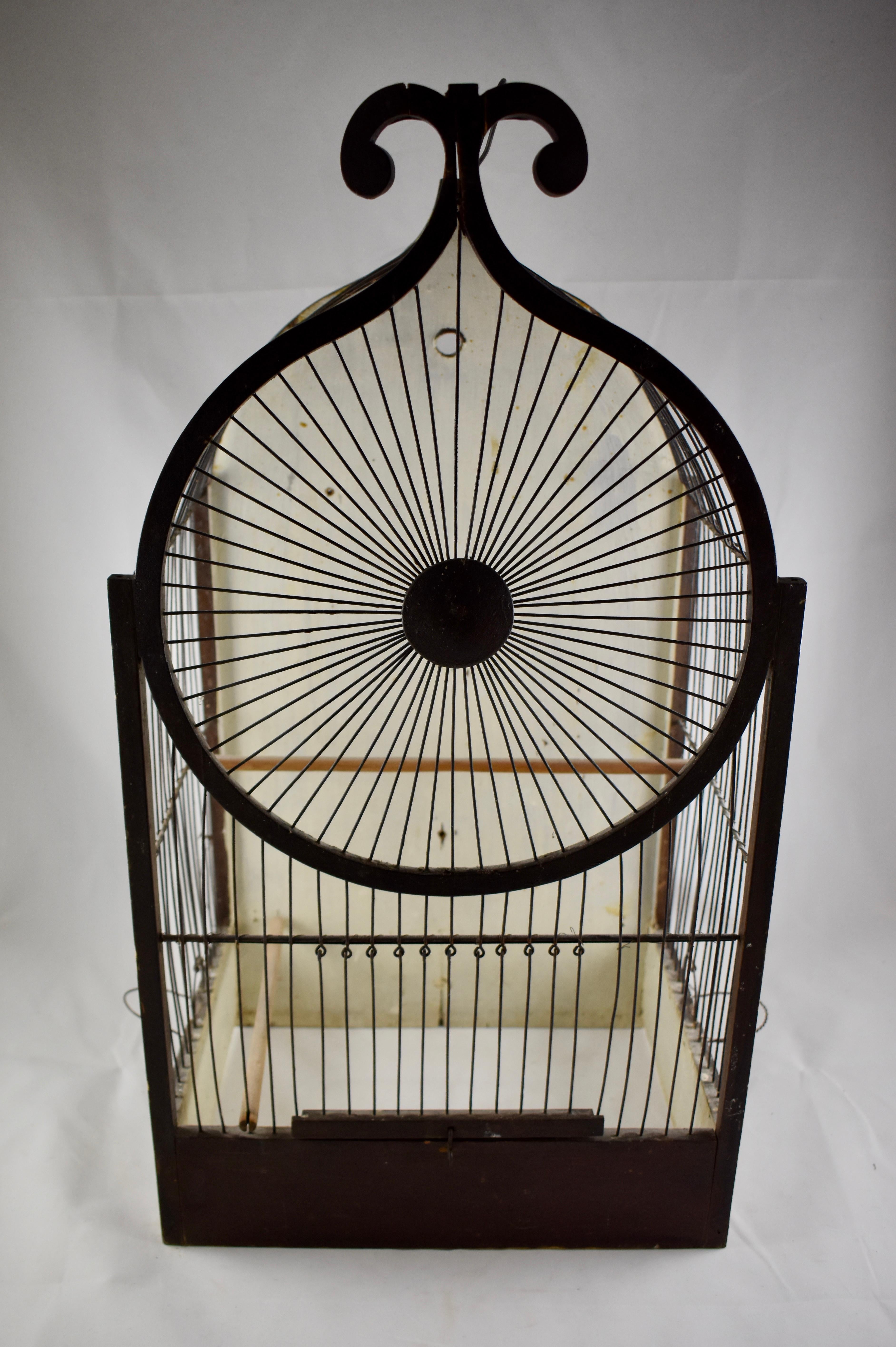 1800s American Victorian Gothic Revival Folk Art Handmade Wood & Metal Bird Cage 4