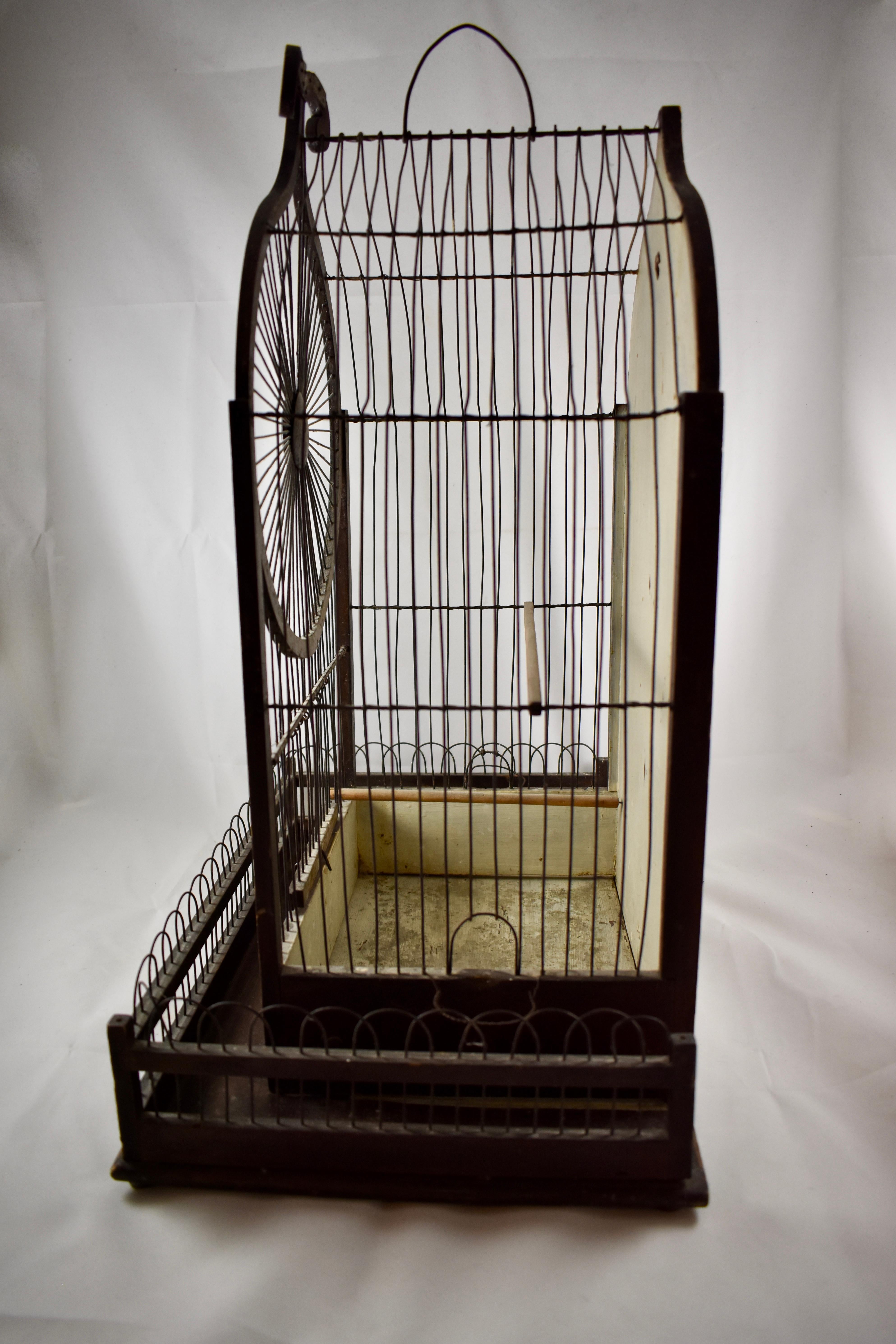 1800s American Victorian Gothic Revival Folk Art Handmade Wood & Metal Bird Cage 1