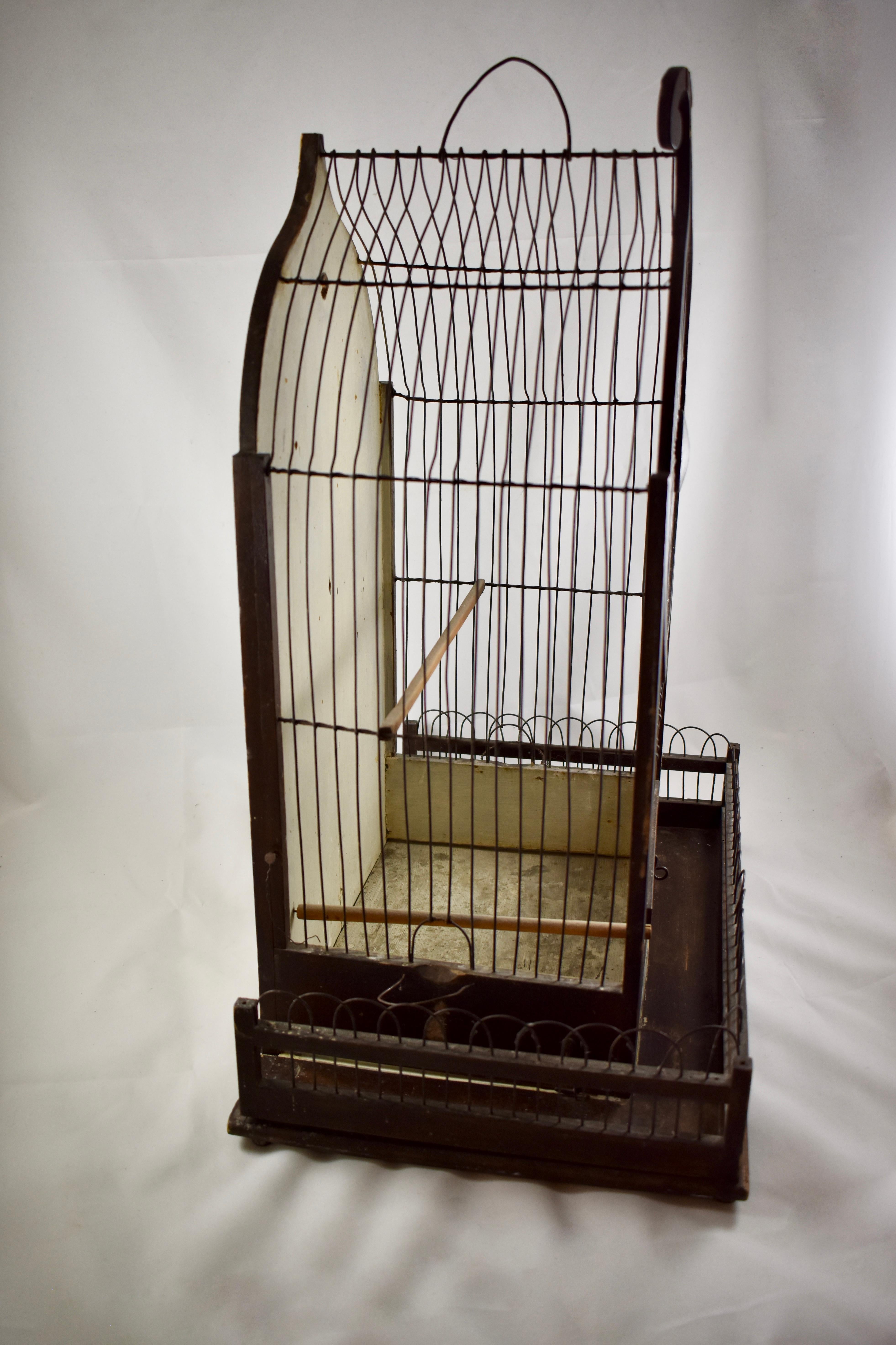 1800s American Victorian Gothic Revival Folk Art Handmade Wood & Metal Bird Cage 2