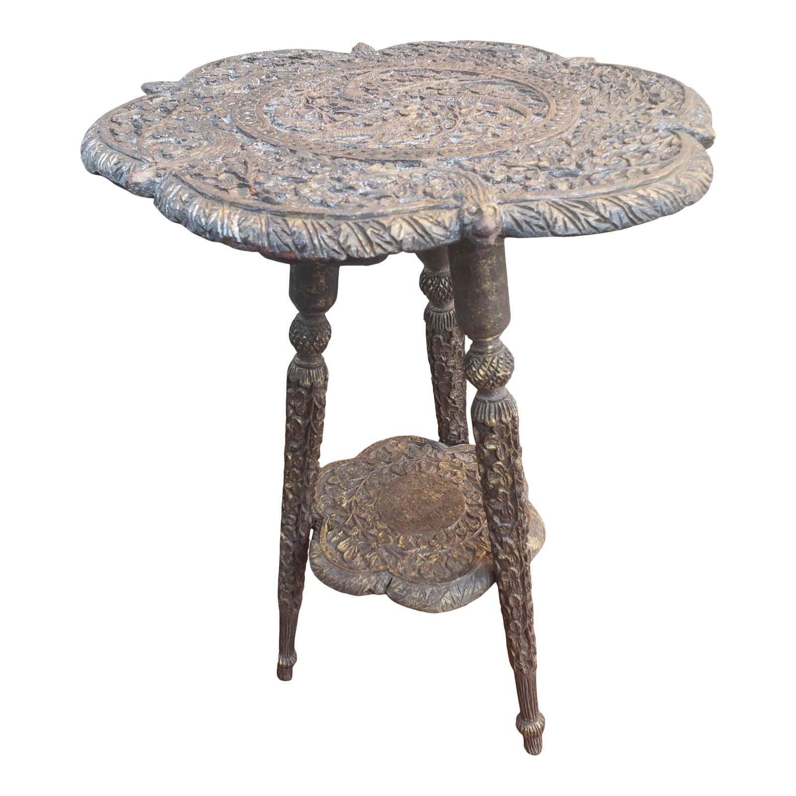 1800s Anglo Burmese Heavily Fine Hand Carved Gilt Hardwood Side Table For Sale