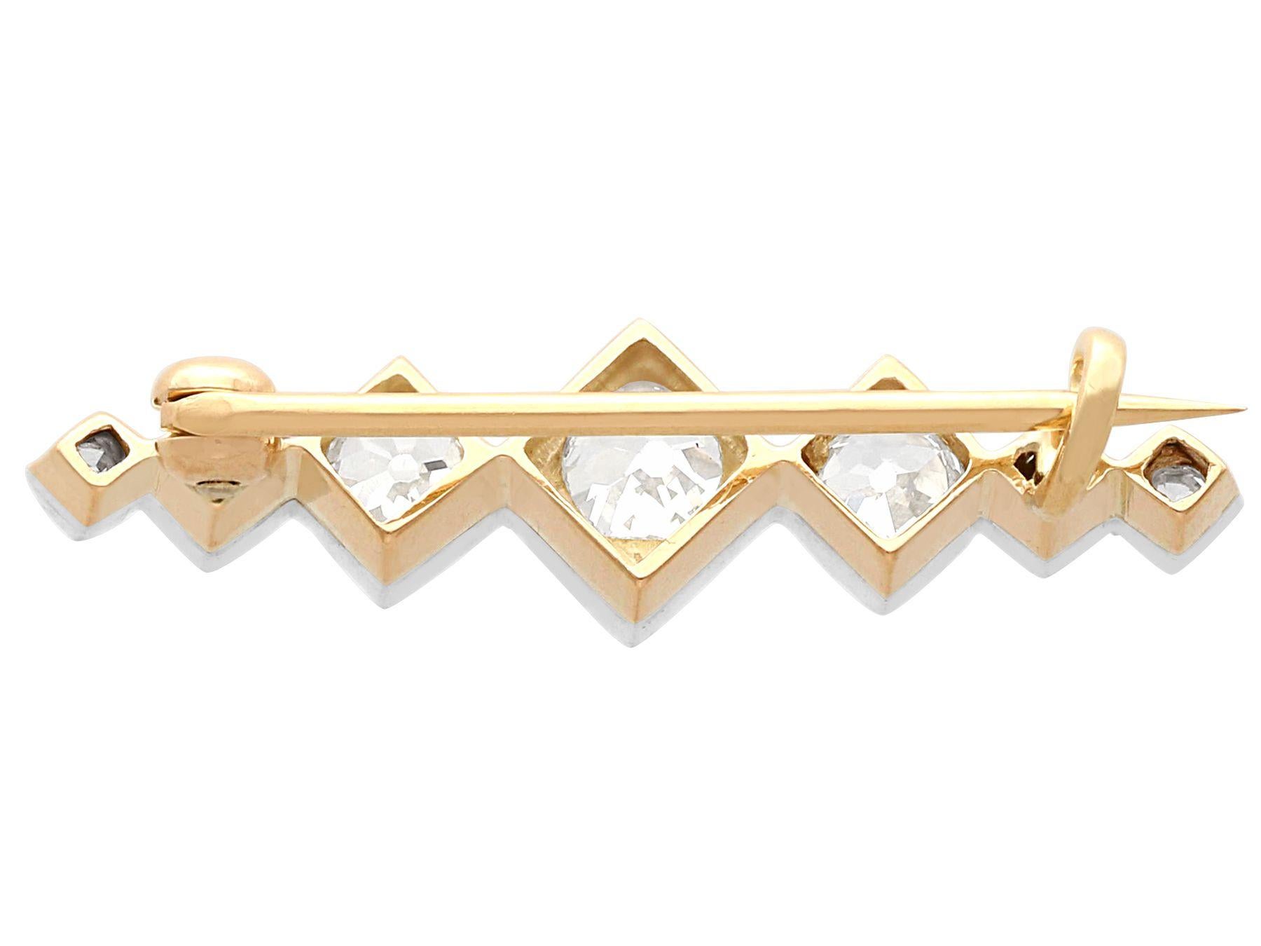 Women's or Men's 1800s Antique 1.45 Carats Diamond and Yellow Gold Bar Brooch