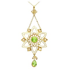 1800s Antique 1.78 Carat Peridot Pearl and 15 Karat Yellow Gold Pendant