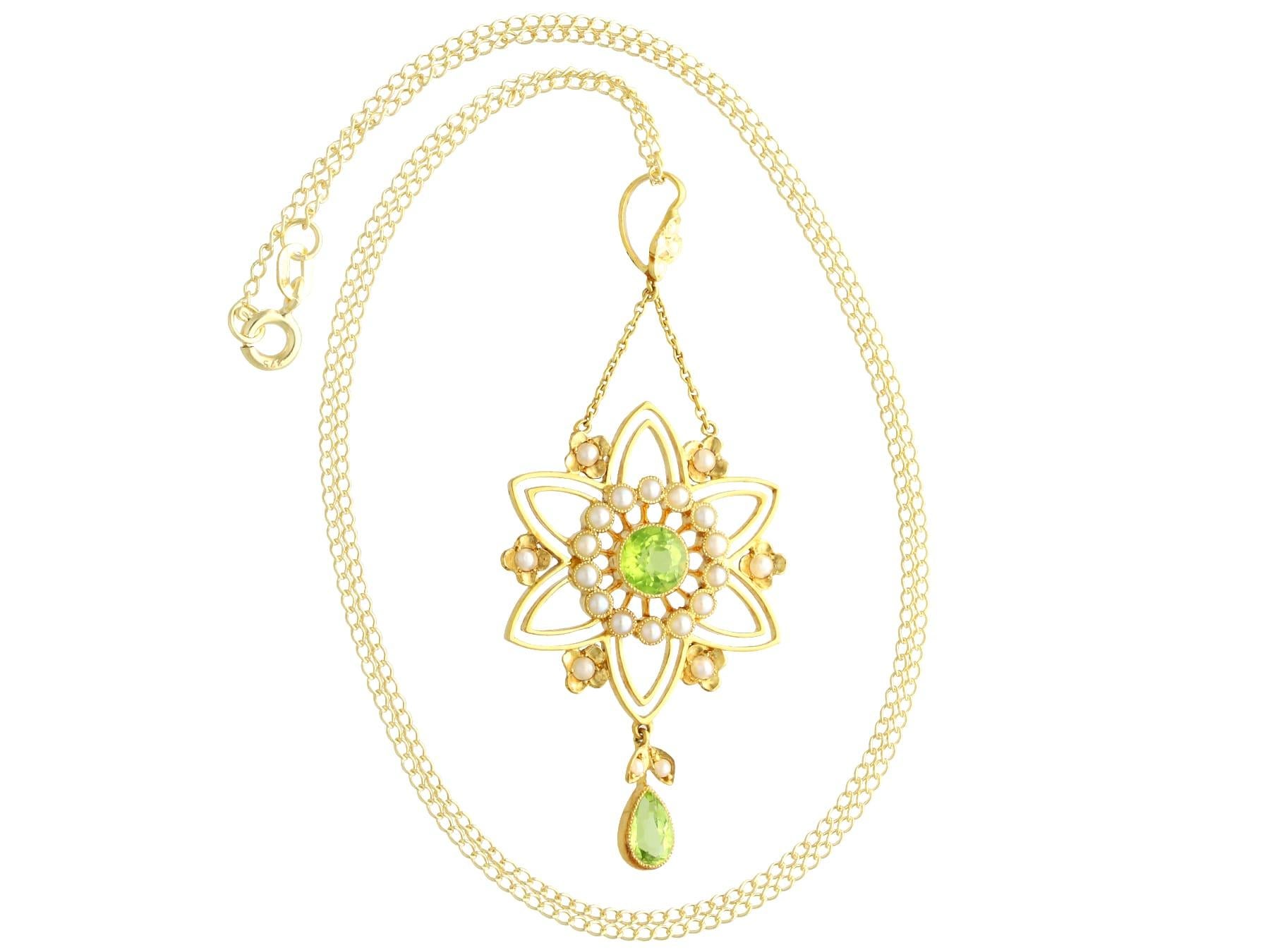 Victorian 1800s Antique 1.78 Carat Peridot Pearl and 15k Yellow Gold Pendant For Sale