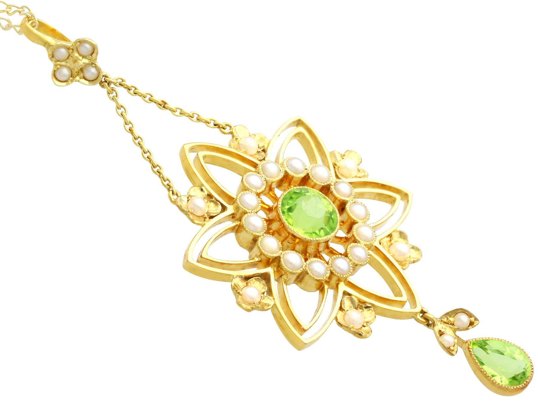 Pear Cut 1800s Antique 1.78 Carat Peridot Pearl and 15k Yellow Gold Pendant For Sale