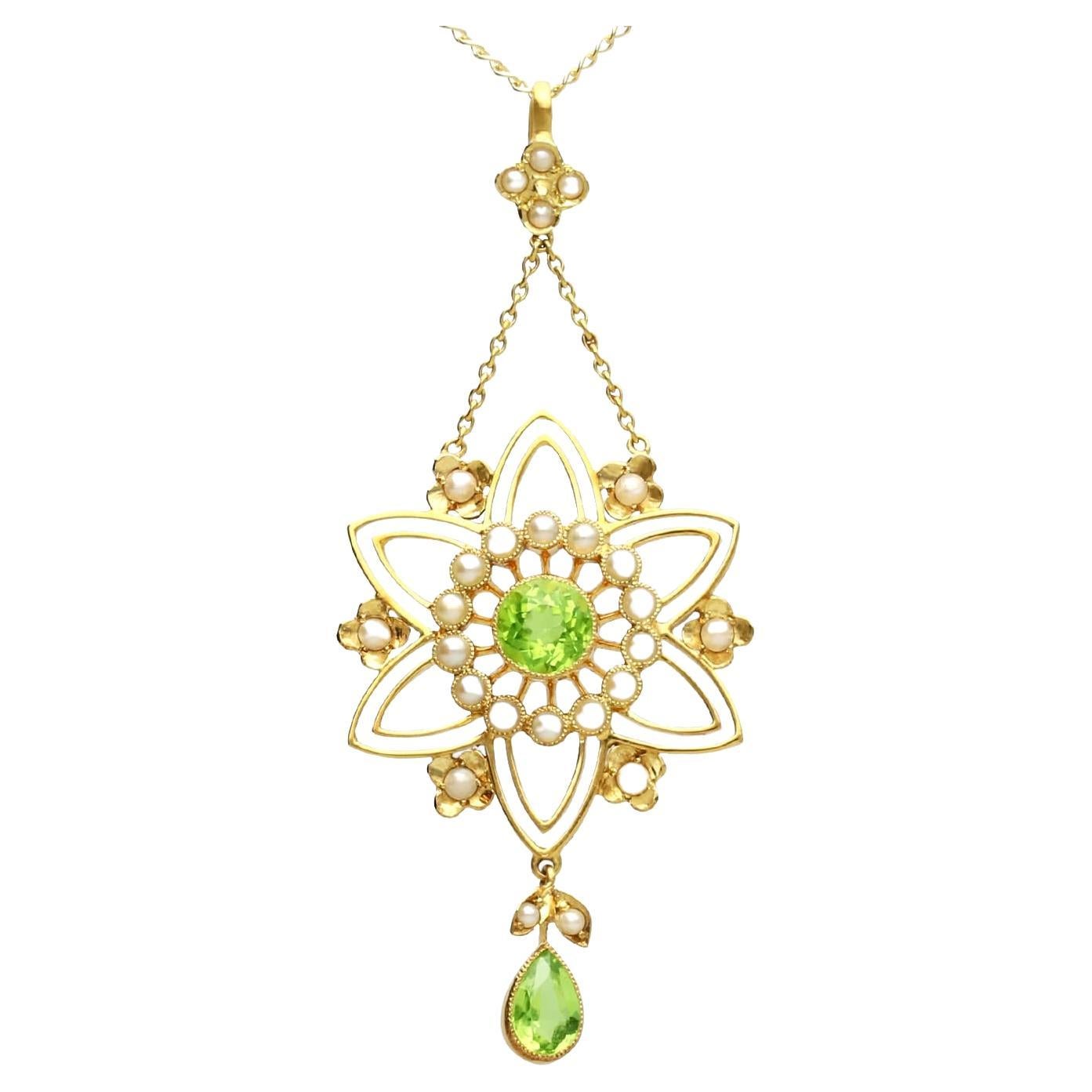 1800s Antique 1.78 Carat Peridot Pearl and 15k Yellow Gold Pendant For Sale