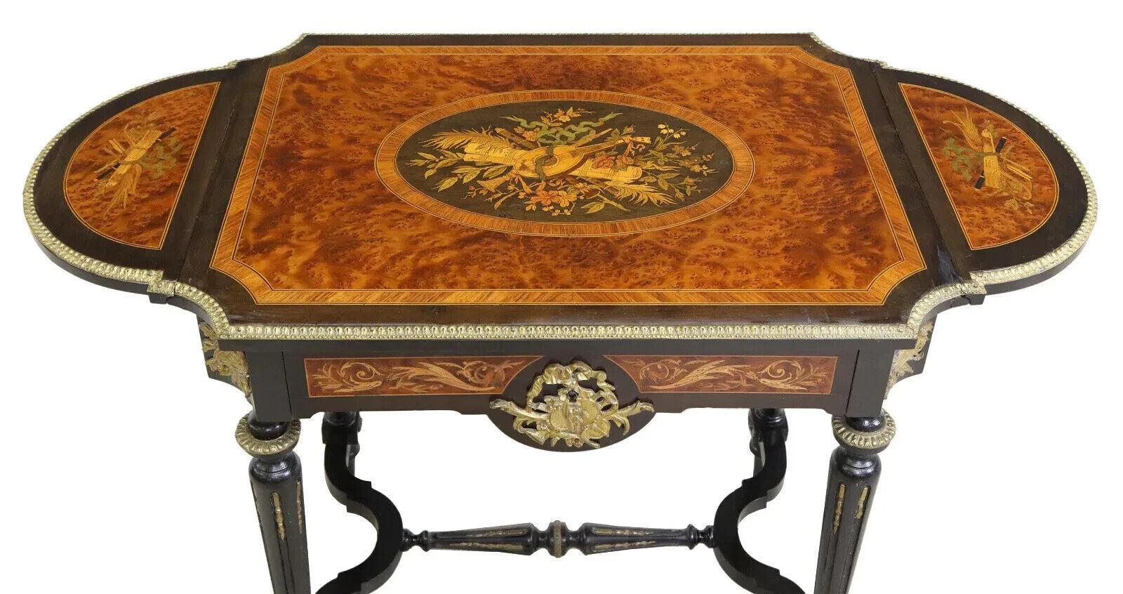 1800's Antique, (2) Near Pair, French Napoleon III, Marquetry Drop-Side Tables! In Good Condition For Sale In Austin, TX