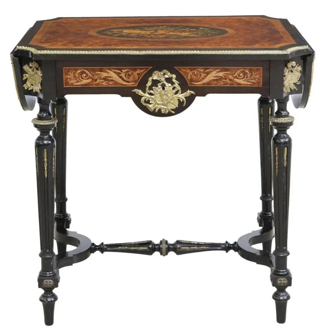 Wood 1800's Antique, (2) Near Pair, French Napoleon III, Marquetry Drop-Side Tables! For Sale