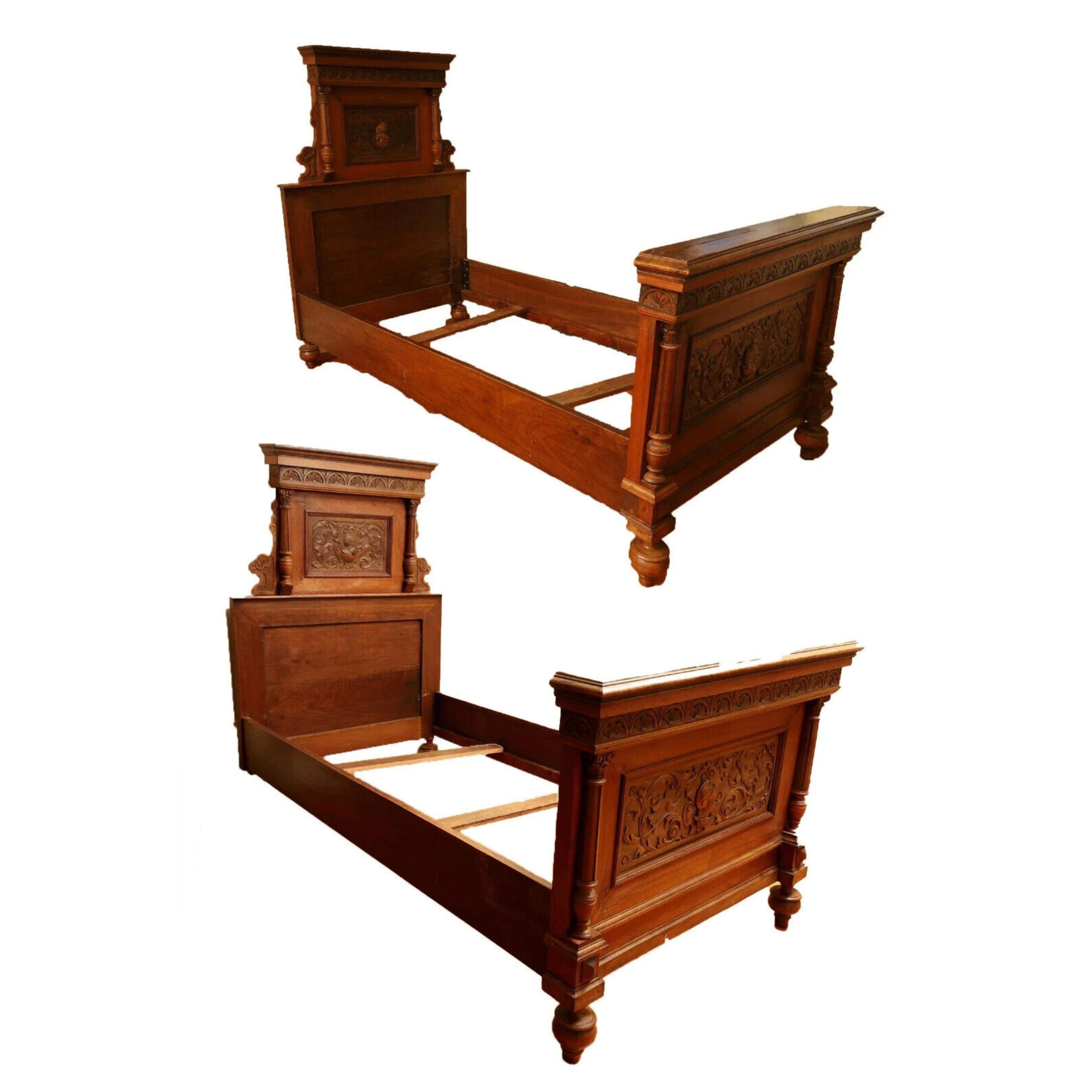 Handsome 1800's Antique  Austrian Carved Walnut, Pair, with Rails, Twin Beds,  Set of Two!!

Austrian Carved Walnut  Beds (2), 19th Century, 1 Pair Having 2  beds with head and footboards and rails H 57