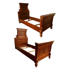 1800's Antique  Austrian Carved Walnut, Pair, with Rails, Twin Beds,  Set of 2