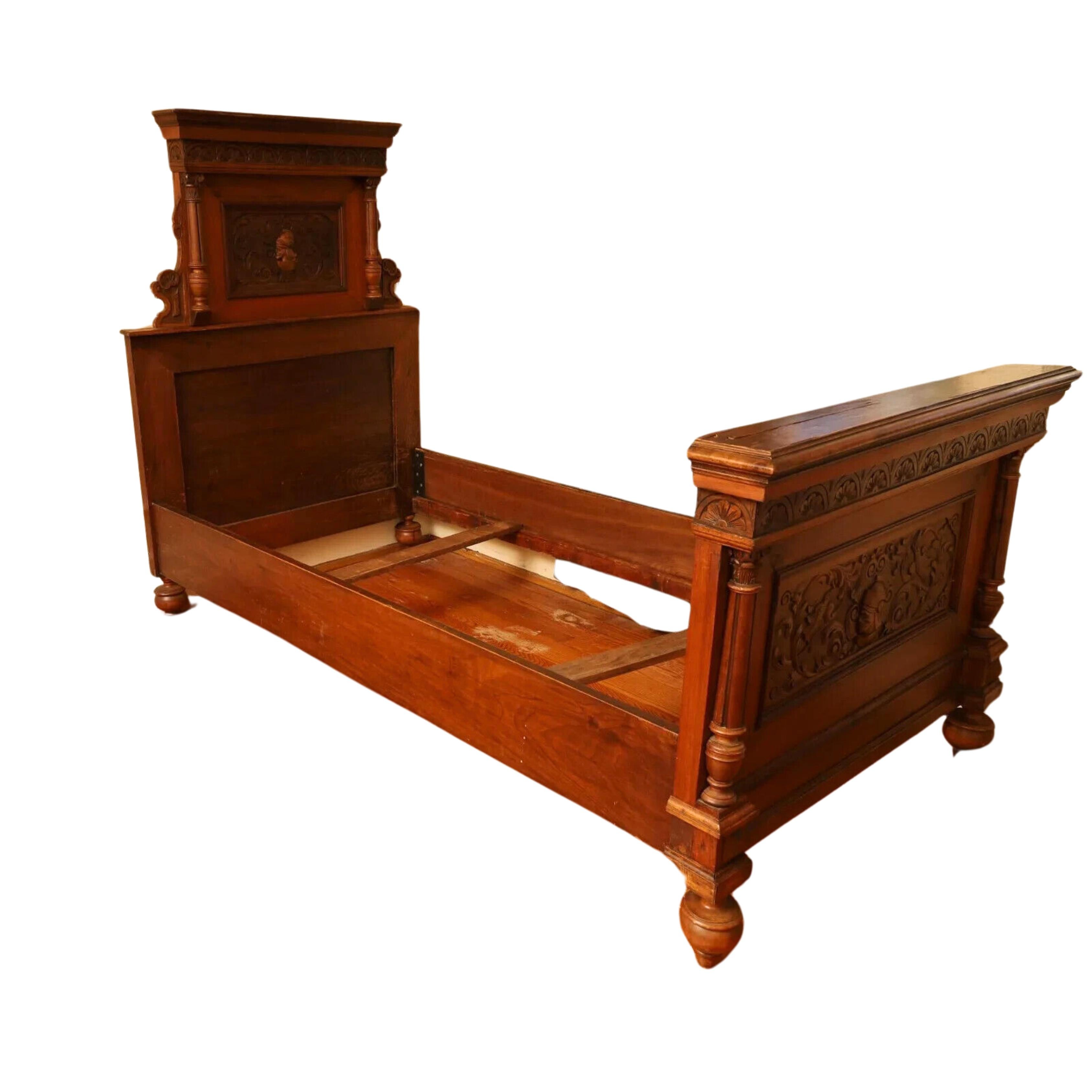 1800's Antique  Austrian Carved Walnut, Pair, with Rails, Twin Beds,  Set of 2 In Good Condition For Sale In Austin, TX