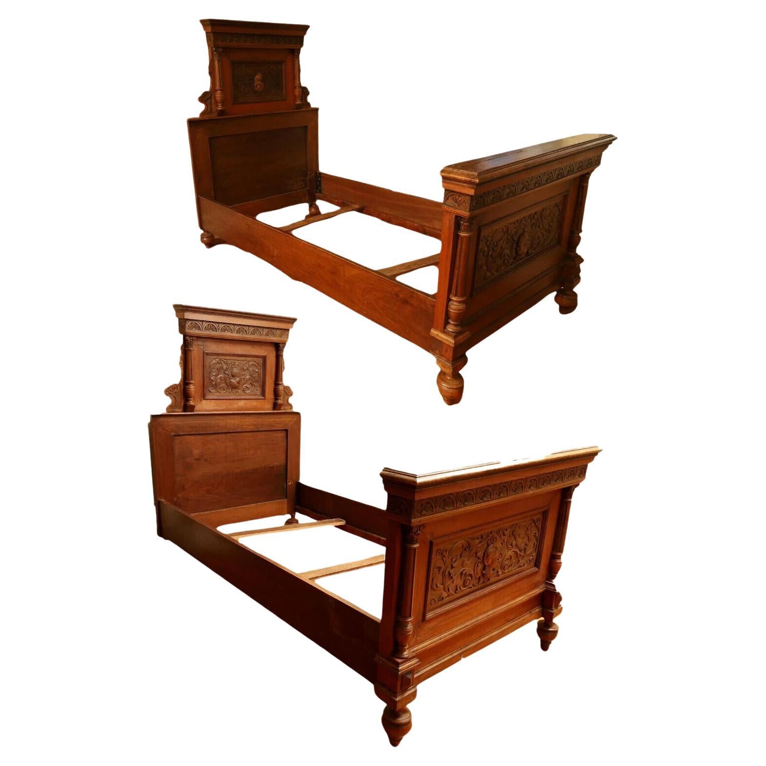 1800's Antique  Austrian Carved Walnut, Pair, with Rails, Twin Beds,  Set of 2