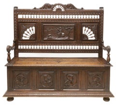 1800's Antique Breton Elaborately Carved Oak, Figural Scenes Coffer / Bench