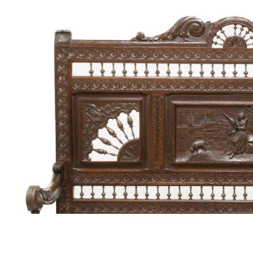 19th Century 1800's Antique Breton Elaborately Carved Oak, Figural Scenes Coffer / Bench