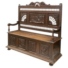 1800's Antique Breton Elaborately Carved Oak, Figural Scenes Coffer / Bench