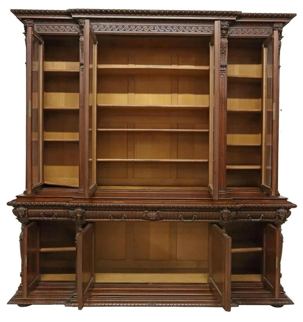 Other 1800's Antique, Breakfront, Monumental, French, Walnut, Beveled Glass Bookcase