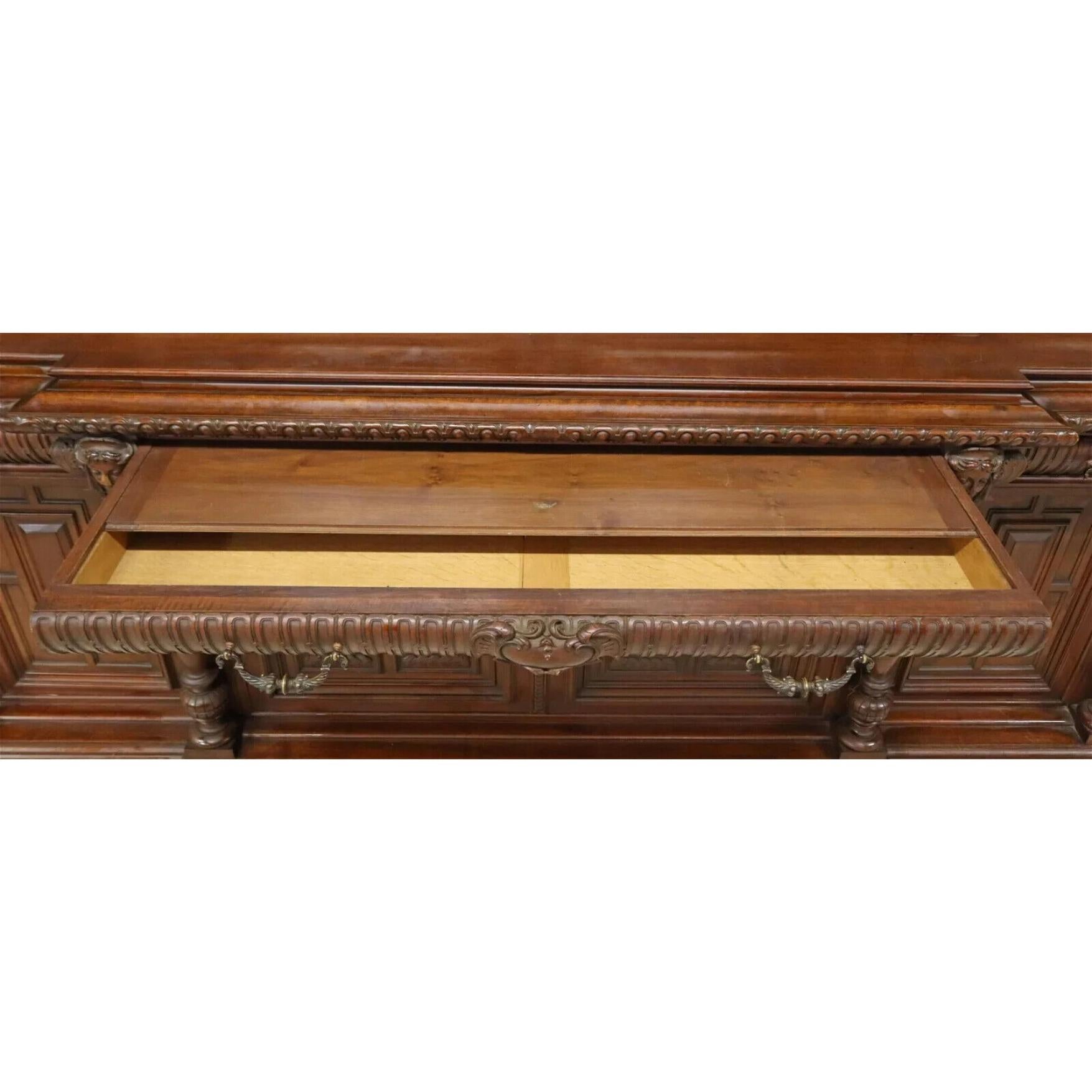 Carved 1800's Antique, Breakfront, Monumental, French, Walnut, Beveled Glass Bookcase