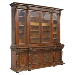 1800's Antique, Breakfront, Monumental, French, Walnut, Beveled Glass Bookcase