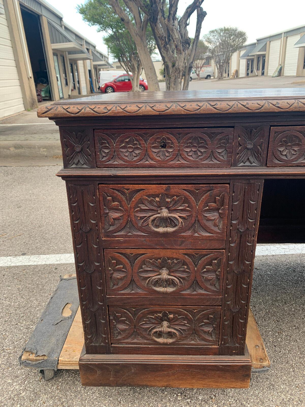 1800's Antique Breton, Highly Carved, Rare, 6 Drawers, French Desk For Sale 4