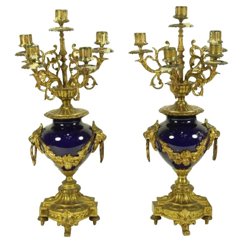 1800s Antique  Bronze, French, Porcelain, Deep Blue, Candelabra, Set of Two