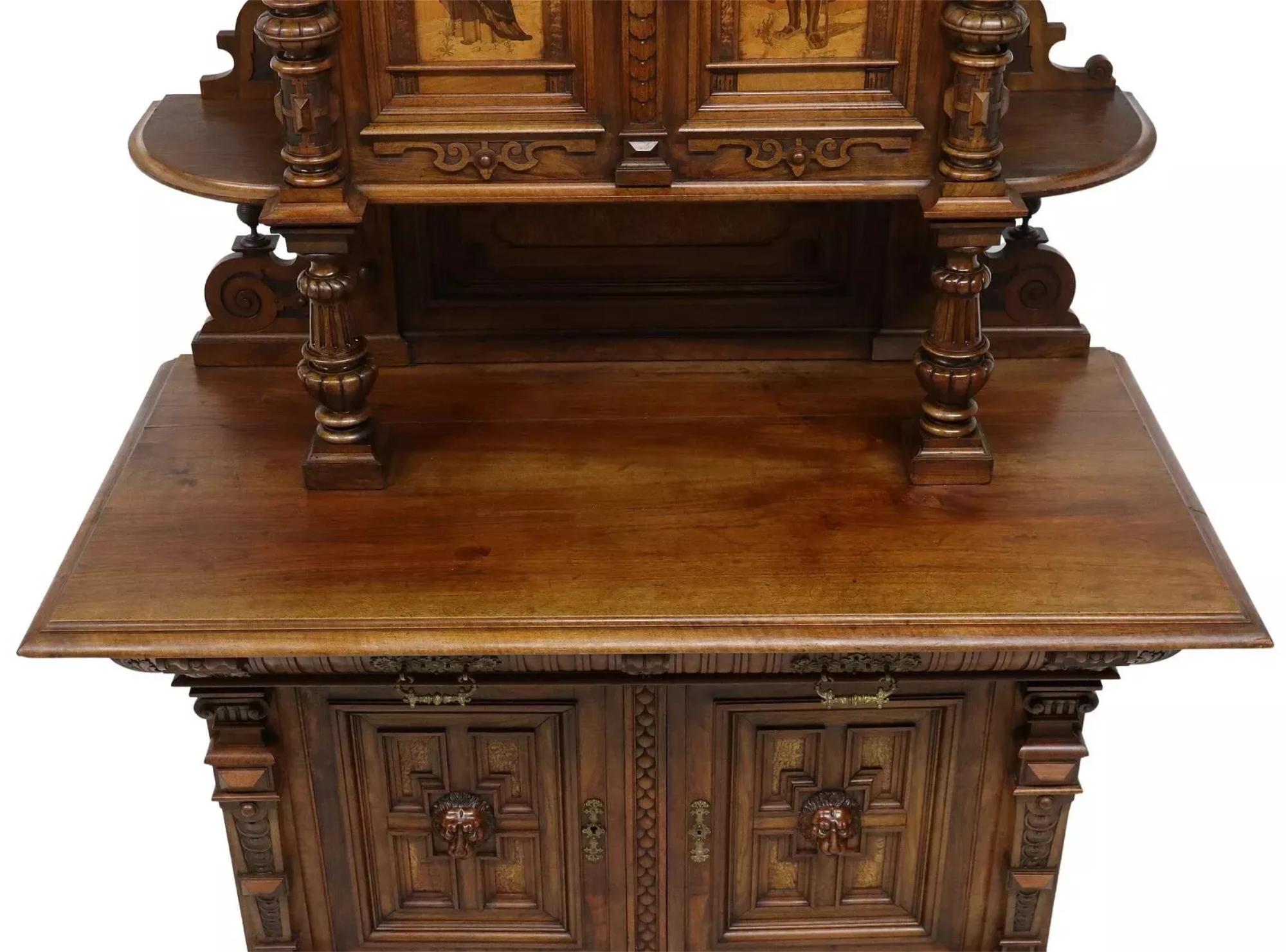 Carved 1800's Antique Buffet A Deux Corps, French Renaiss. Revival, Figural, Marquetry For Sale