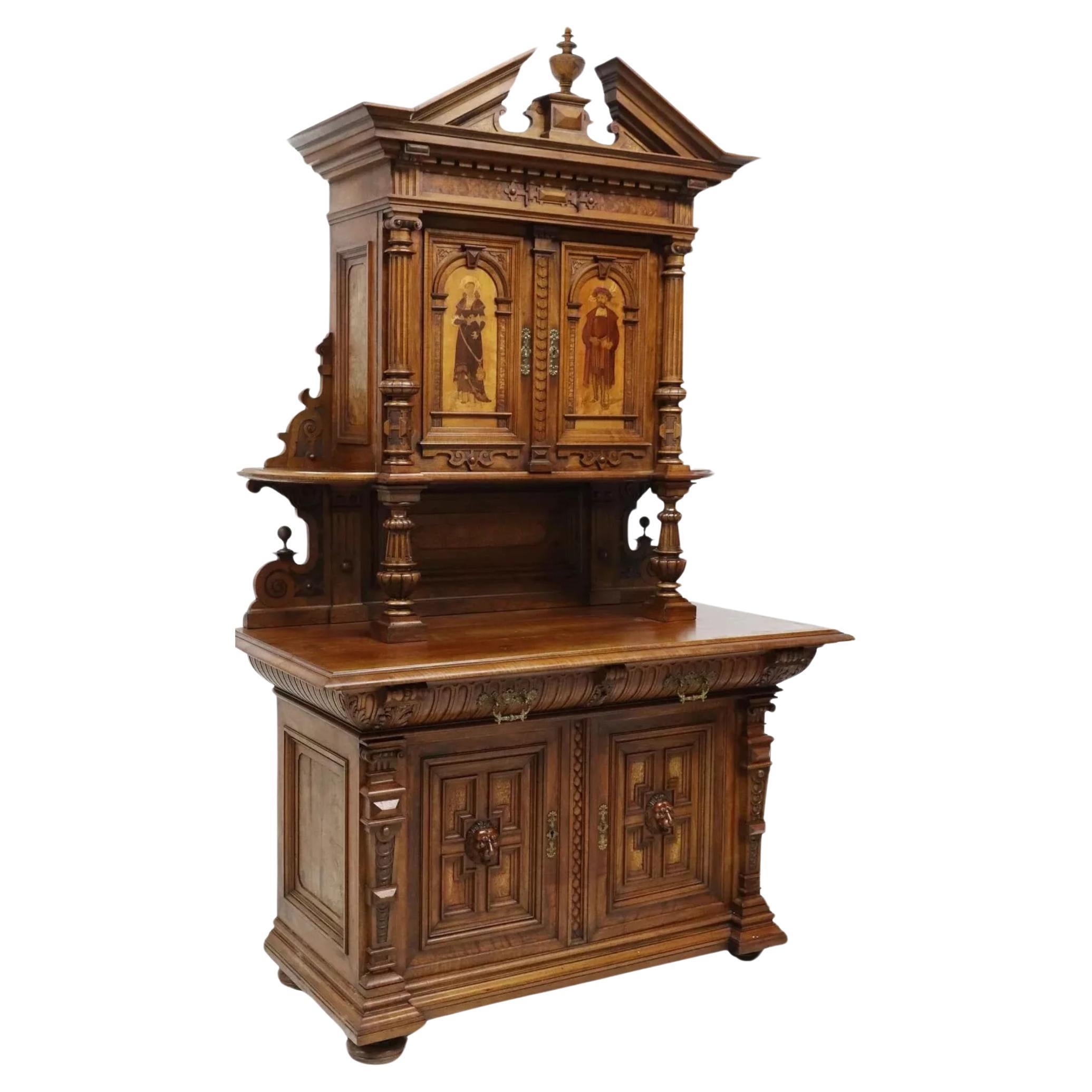1800's Antique Buffet A Deux Corps, French Renaiss. Revival, Figural, Marquetry For Sale