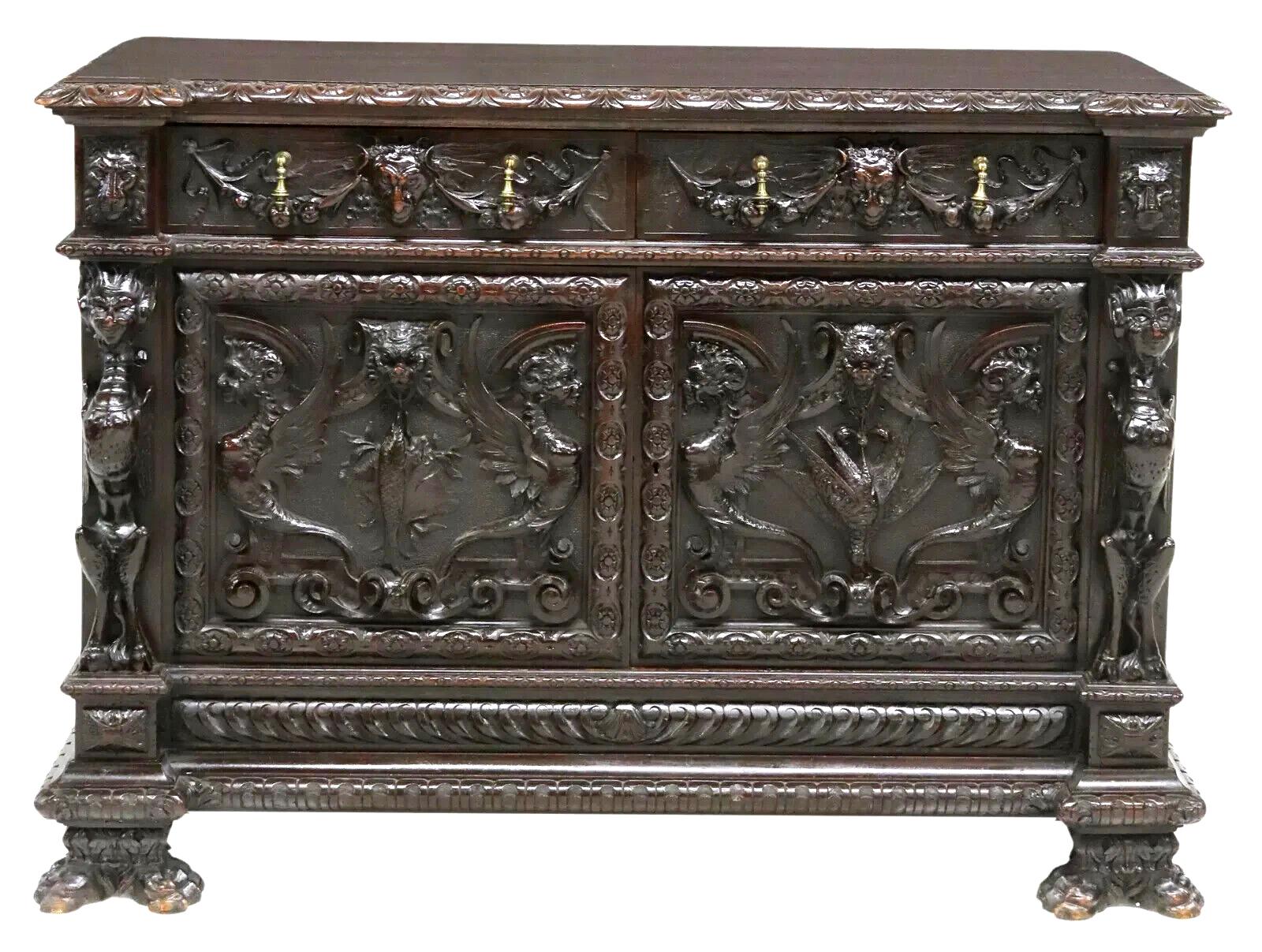 Stunning 1800's Antique Carved, Italian Renaissance Revival, with Lion Masks, Sideboard!!!
Gorgeous Antique Sideboard, Carved, Italian Renaissance Revival, Lion Masks, 1800s, 19th Century!!

This antique sideboard is a stunning piece of furniture