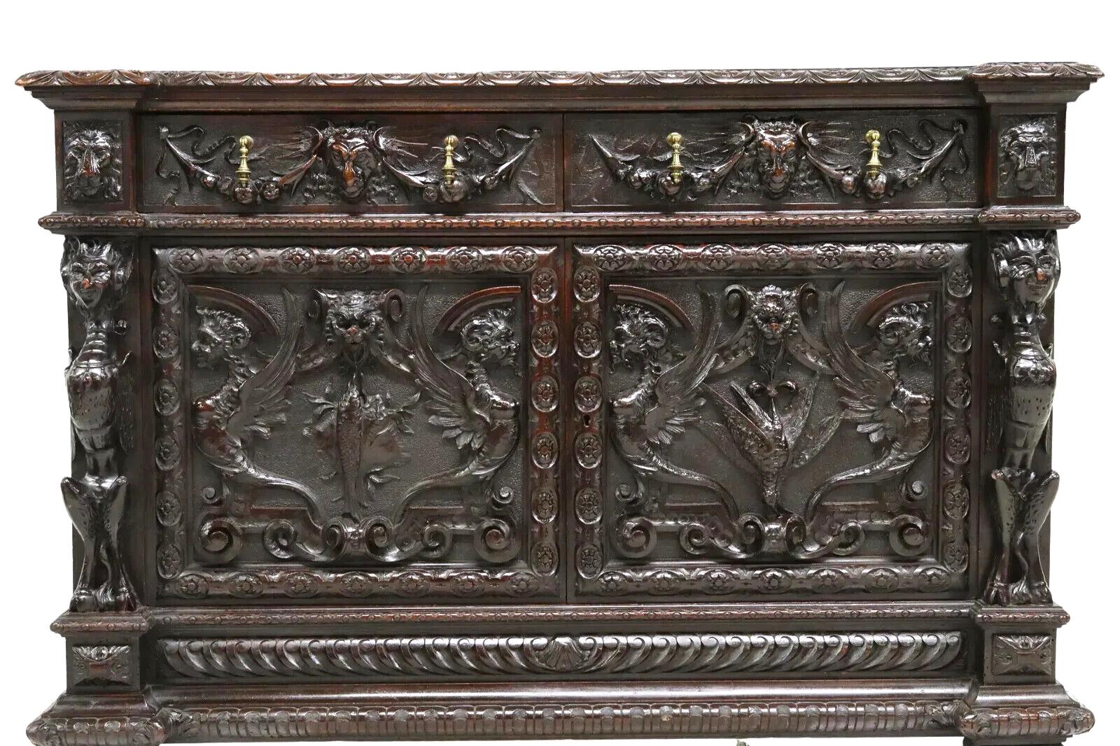 1800's Antique Carved, Italian Renaissance Revival, with Lion Masks, Sideboard! In Good Condition In Austin, TX