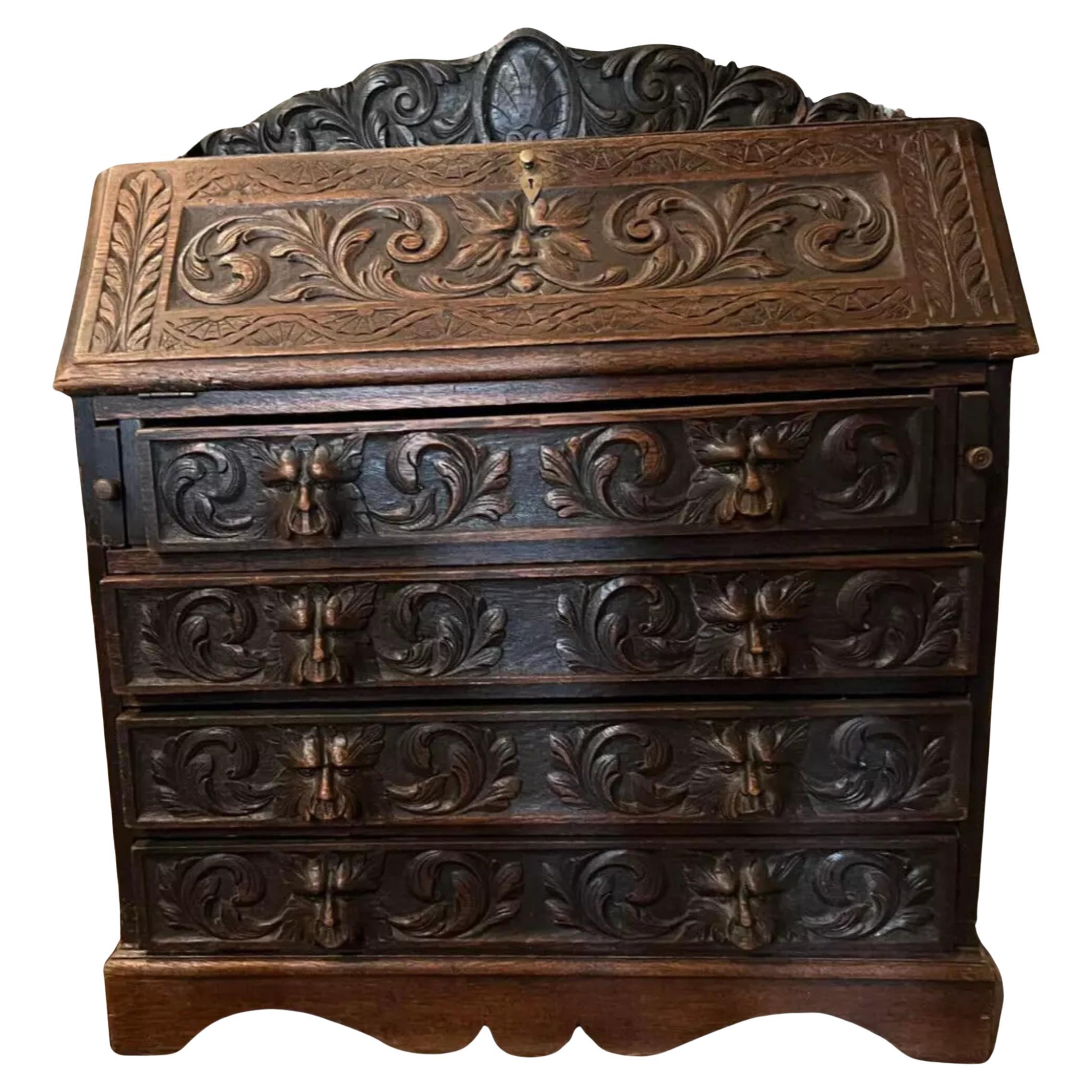 1800's Antique Carved, Oak, Georgian, English, Slant Drop, Secretaire, Desk!