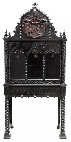 1800's Antique Cont'al Gothic Revival, Black P'd, Armorial, Fall-Front Secretary