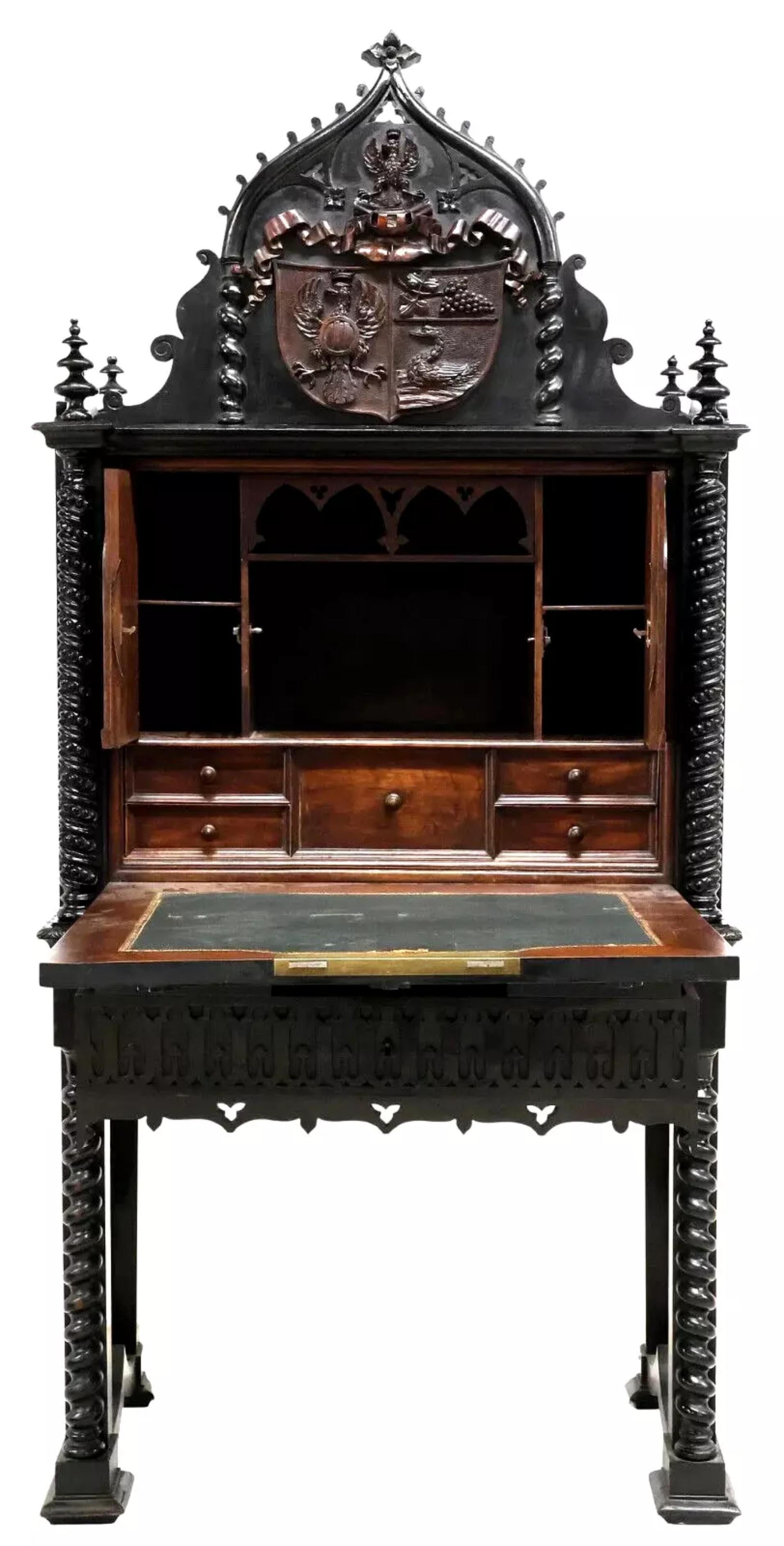 European 1800's Antique Cont'al Gothic Revival, Black P'd, Armorial, Fall-Front Secretary