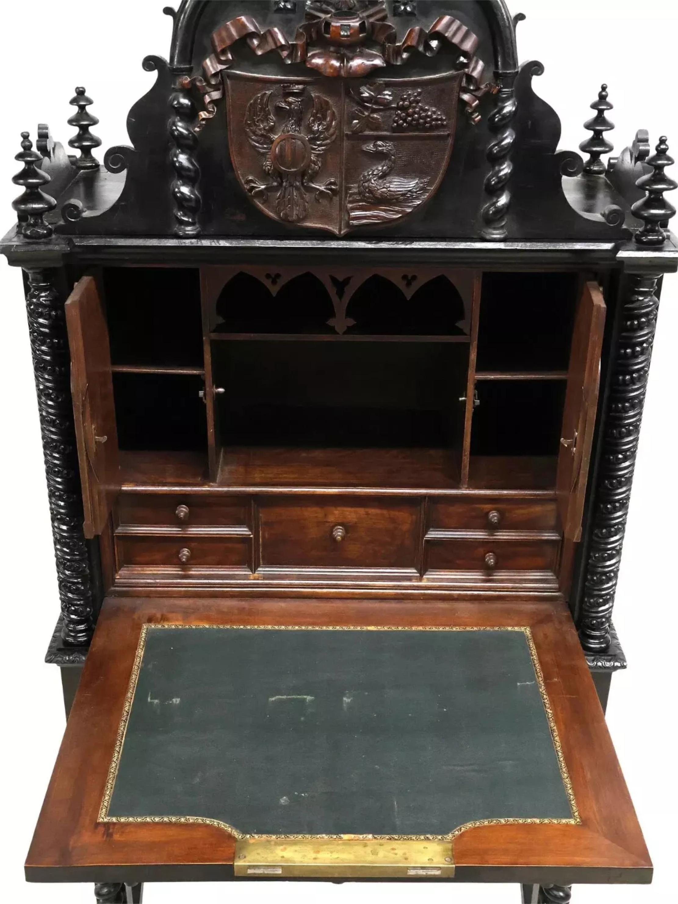 1800's Antique Cont'al Gothic Revival, Black P'd, Armorial, Fall-Front Secretary In Good Condition In Austin, TX