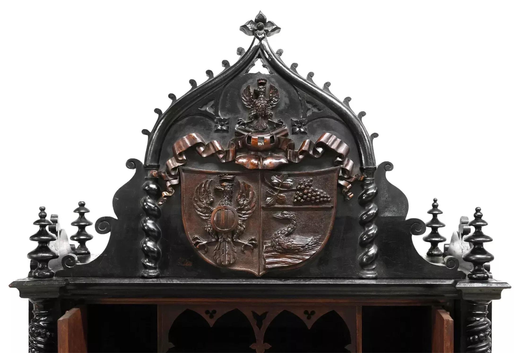 19th Century 1800's Antique Cont'al Gothic Revival, Black P'd, Armorial, Fall-Front Secretary