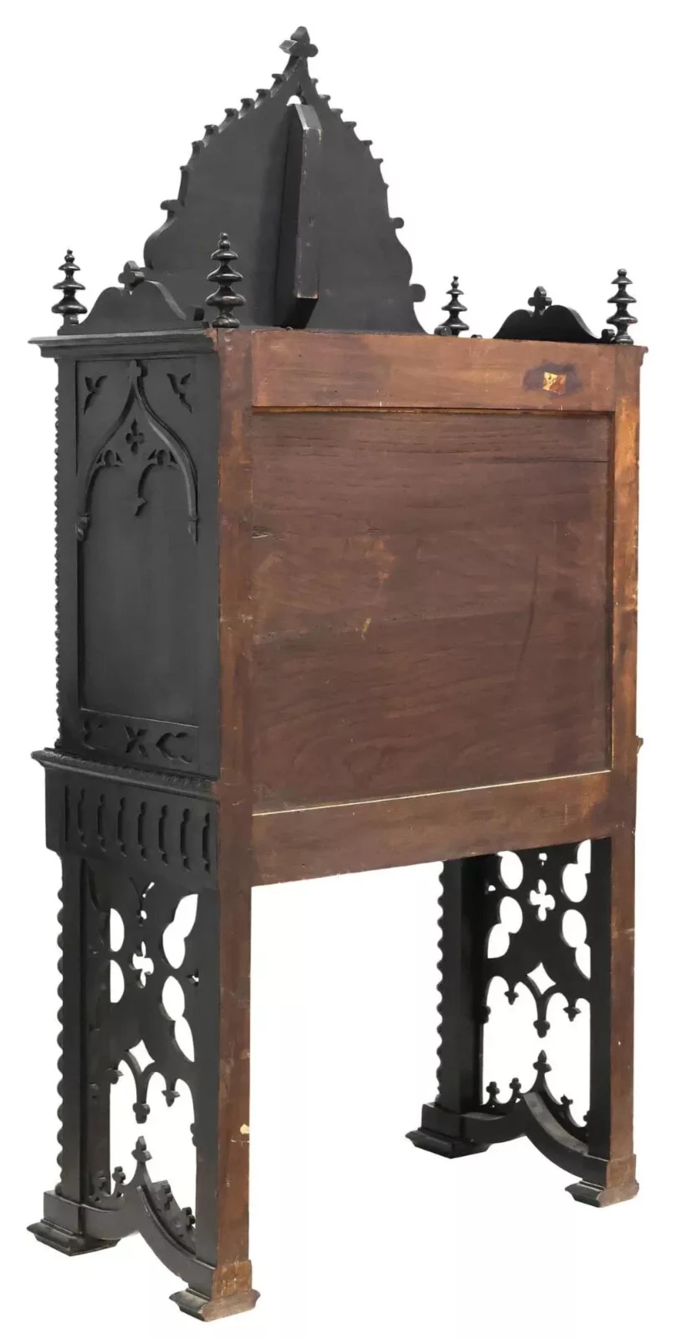 1800's Antique Cont'al Gothic Revival, Black P'd, Armorial, Fall-Front Secretary 1