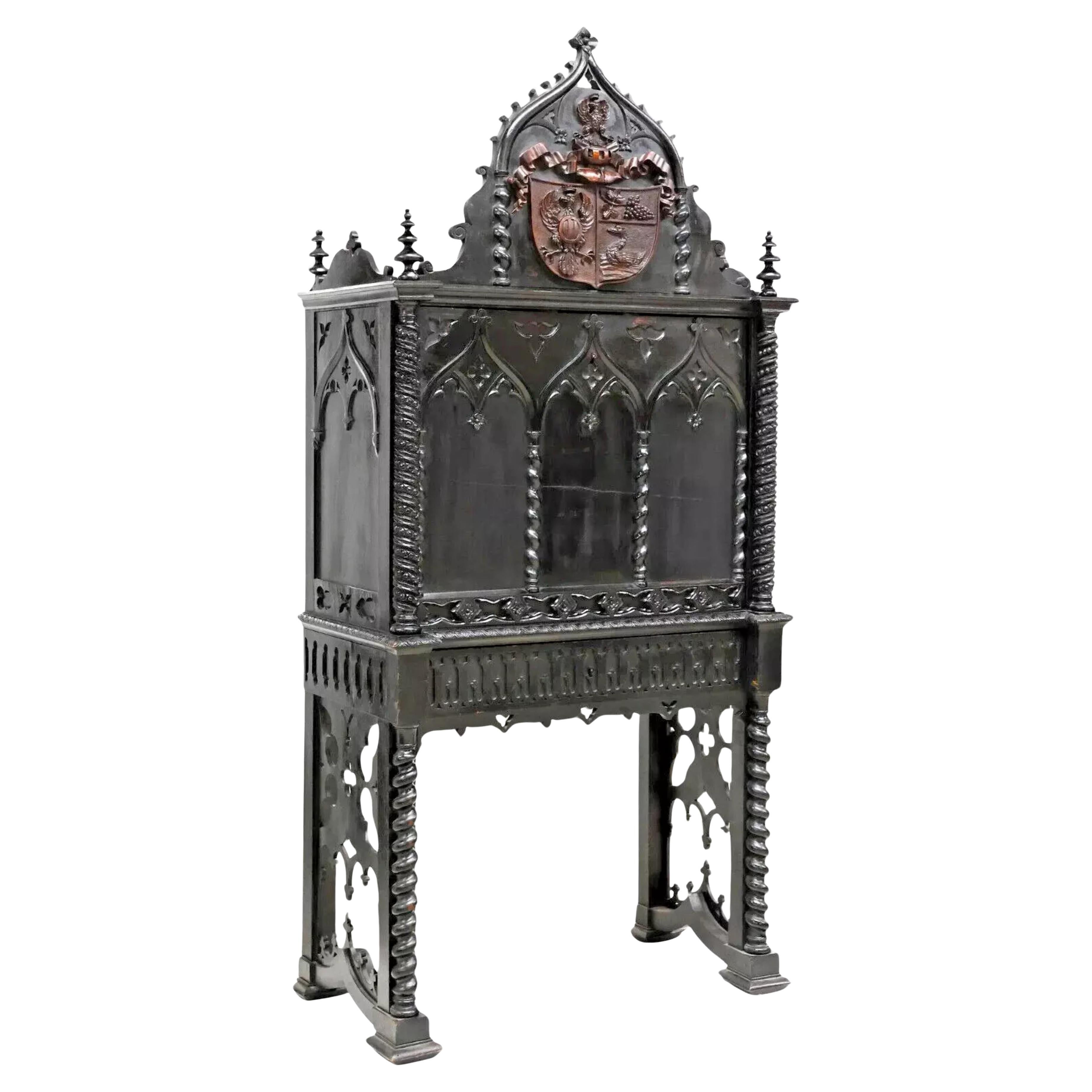 1800's Antique Cont'al Gothic Revival, Black P'd, Armorial, Fall-Front Secretary