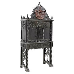 1800's Antique Cont'al Gothic Revival, Black P'd, Armorial, Fall-Front Secretary