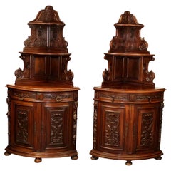 1800's Antique Corner, French Carved Walnut, Companion Cabinets, Set of 2