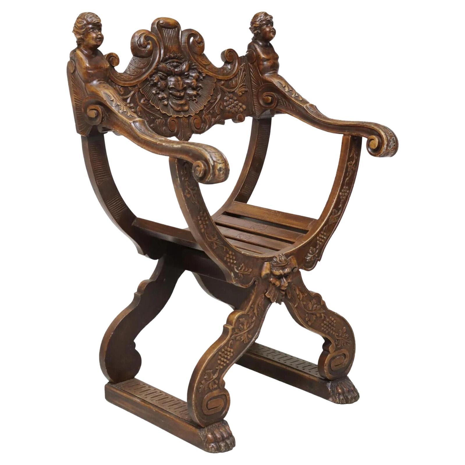 Fauteuil ancien curule des années 1800, néo-Renaissance, sculpté, incurvé, fauteuil
