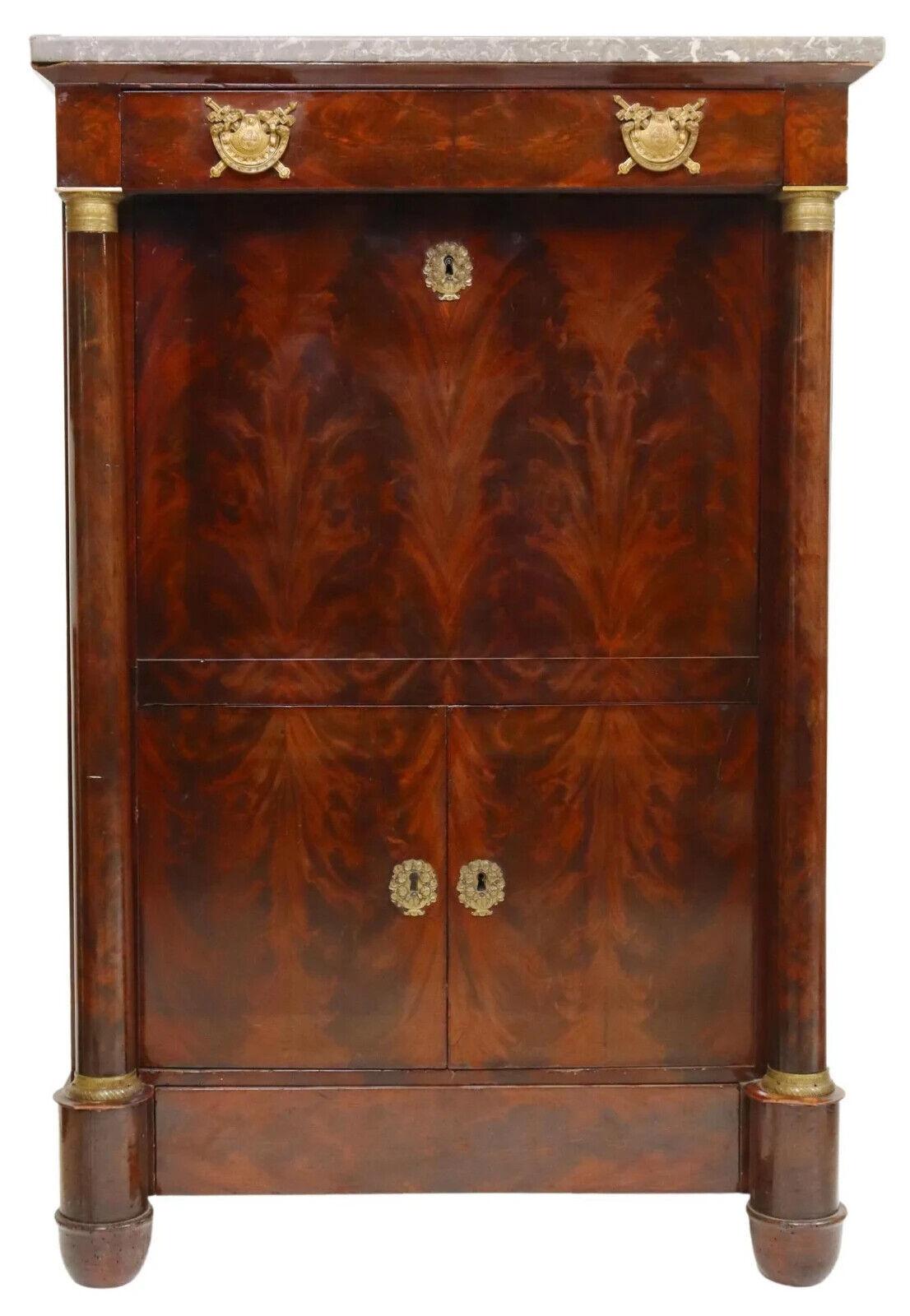 Gorgeous antique secretaire a abattant, desk, French Empire style, mahogany, gilt, 1800s, 19th century!

This stunning French Empire style marble-top mahogany fall-front desk, 19th century, projecting frieze drawer, with gilt metal crossed sword