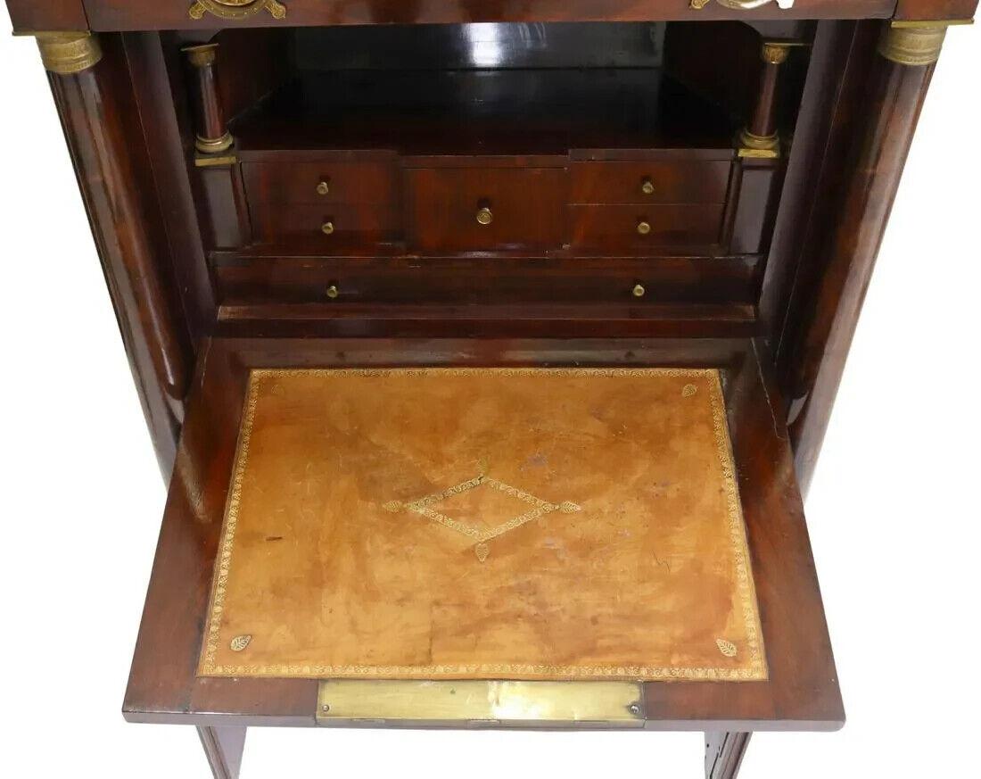 1800s Antique Desk, French Empire Style, Mahogany, Gilt, Secretaire a Abattant In Good Condition For Sale In Austin, TX