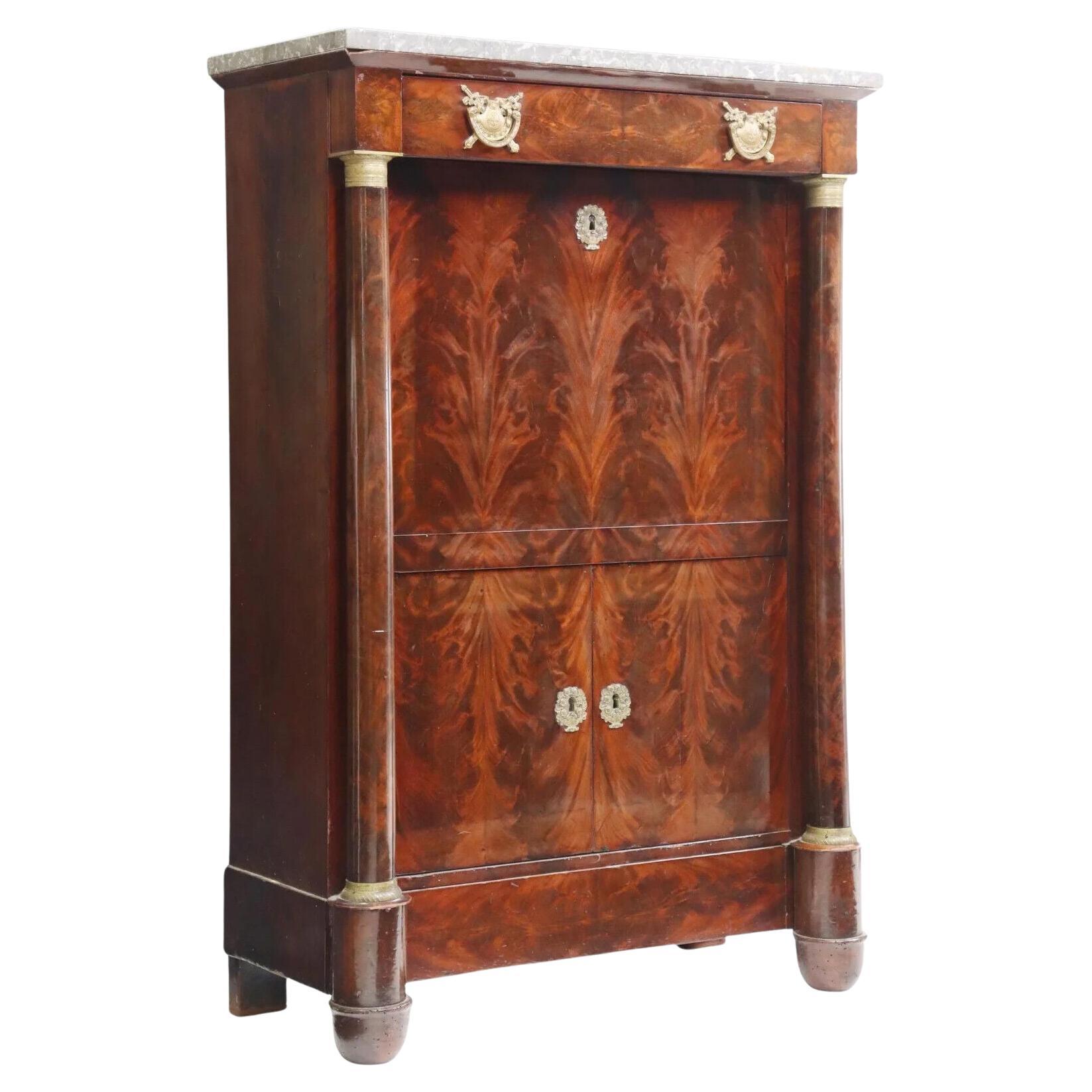 1800s Antique Desk, French Empire Style, Mahogany, Gilt, Secretaire a Abattant For Sale