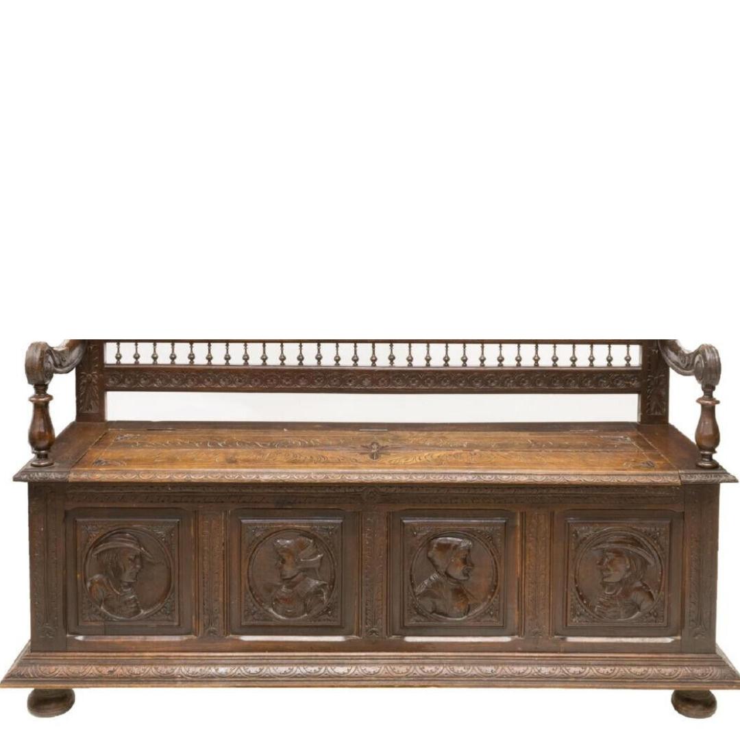 19th Century 1800s Antique Elaborately Carved, Oak, Figural Scenes Breton Coffer and Bench!!