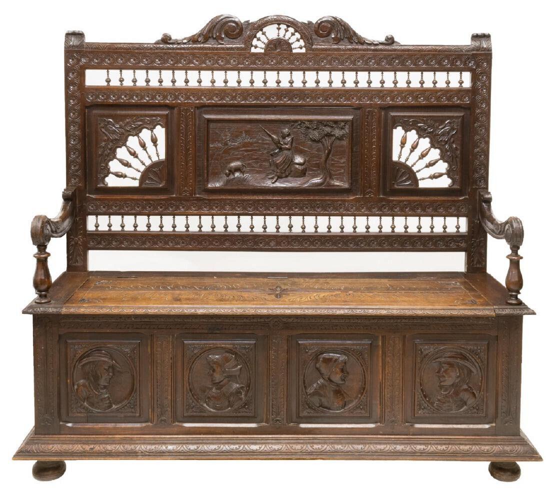 Stunning Antique coffer & bench Breton, Elaborately Carved, Oak, Figural Scenes, 1800's, 19th Century! Such a cute bench that could be used any number of places in the home! 

Breton oak coffer and bench, late 19th century, having elaborate