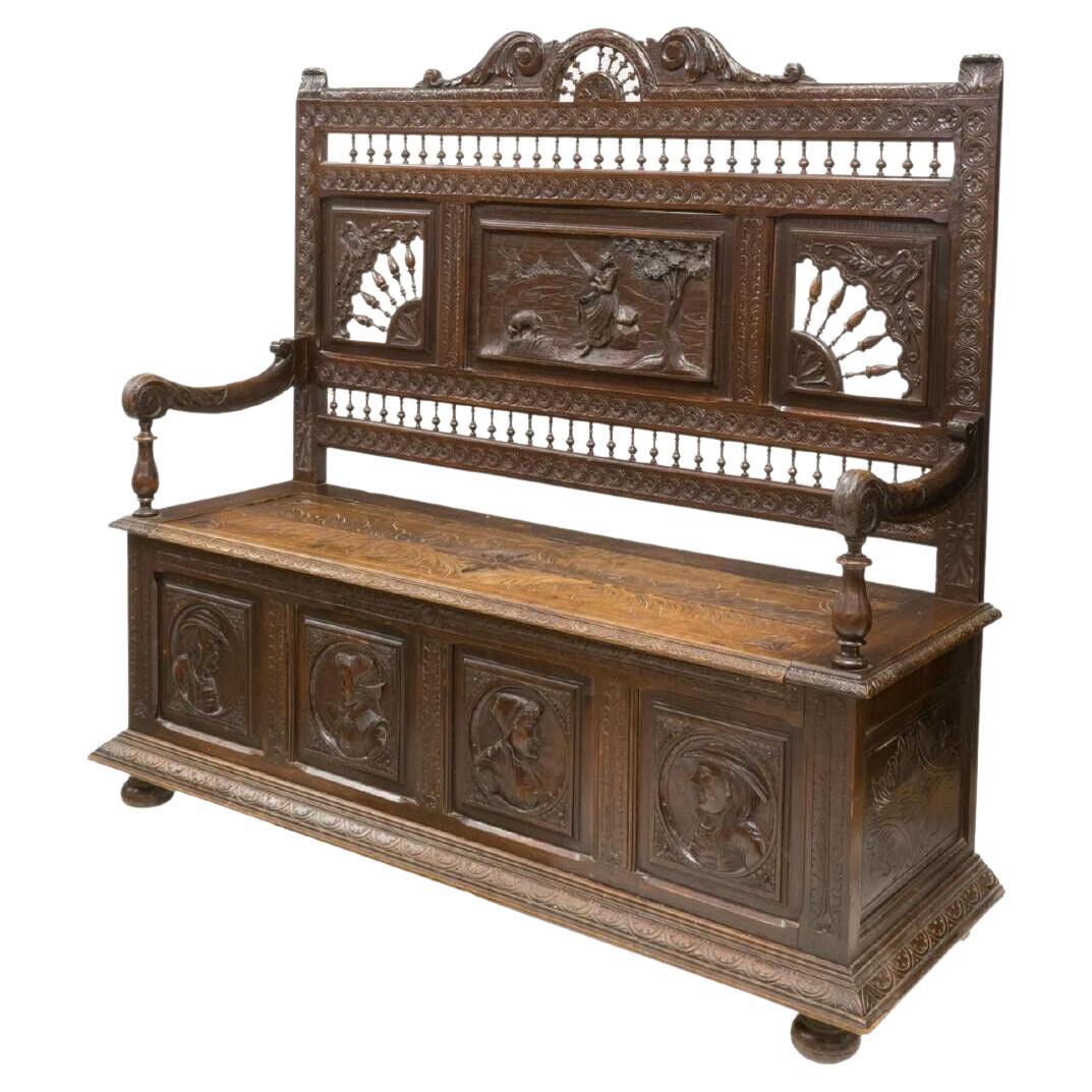 1800s Antique Elaborately Carved, Oak, Figural Scenes Breton Coffer and Bench!!