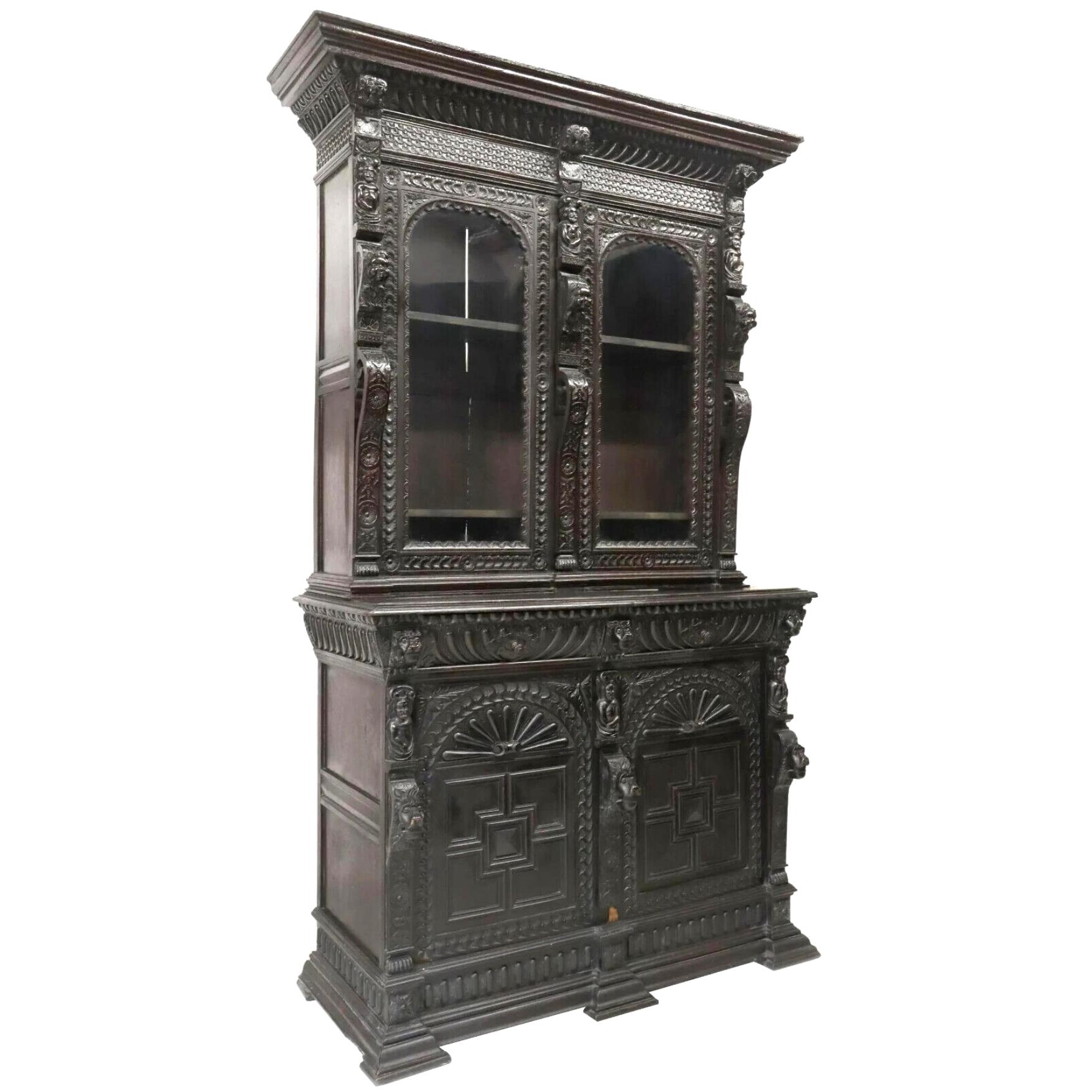 Exceptional Antique Sideboard, English, Heavily Carved, Ebonized, Oak, 1800's, 19th Century!!

English heavily carved ebonized oak sideboard, 19th c., molded cornice, over dual glazed doors, case fitted with two drawers, above two cabinets, opening