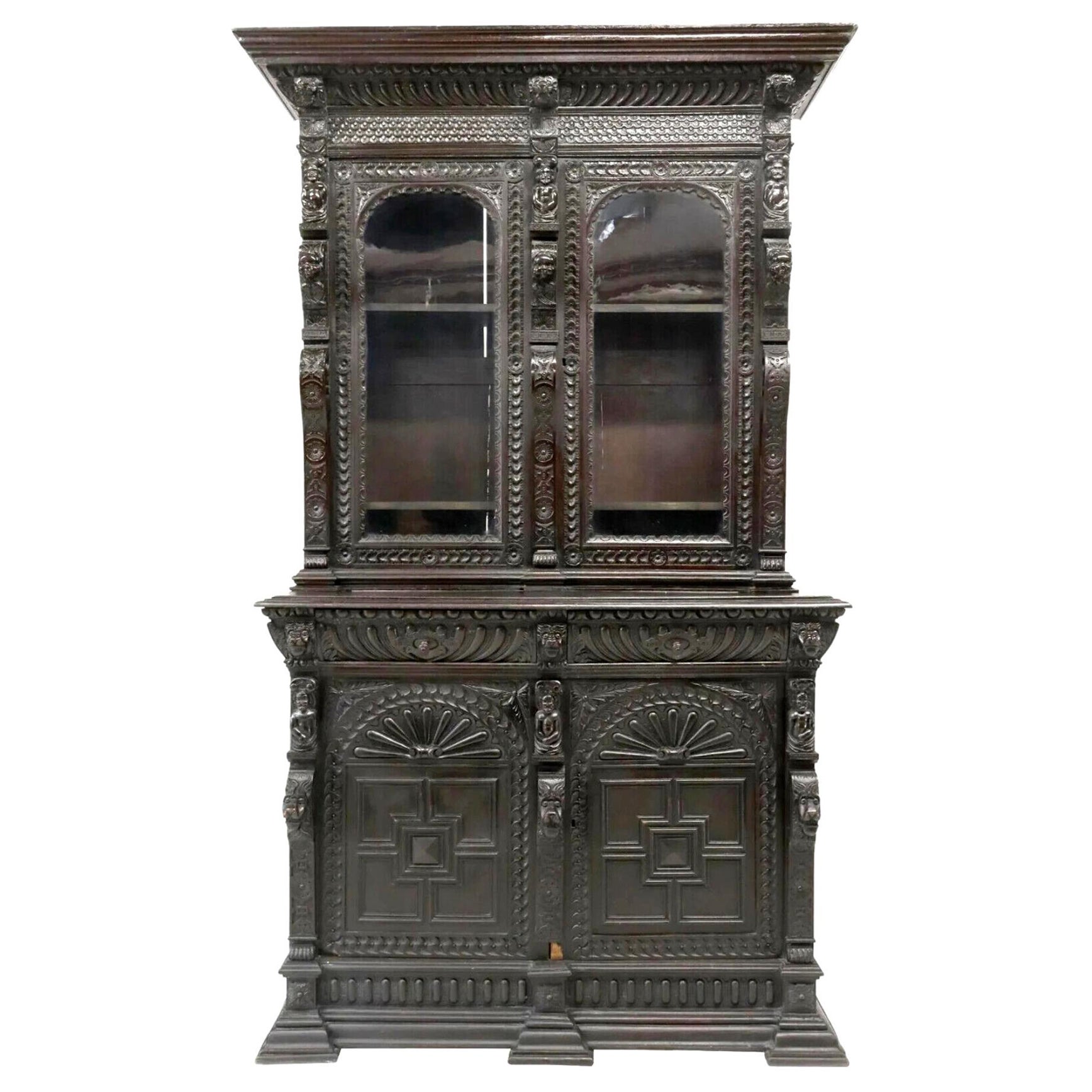 1800
s Antique  English Heavily Carved, Ebonized, Oak Sideboard