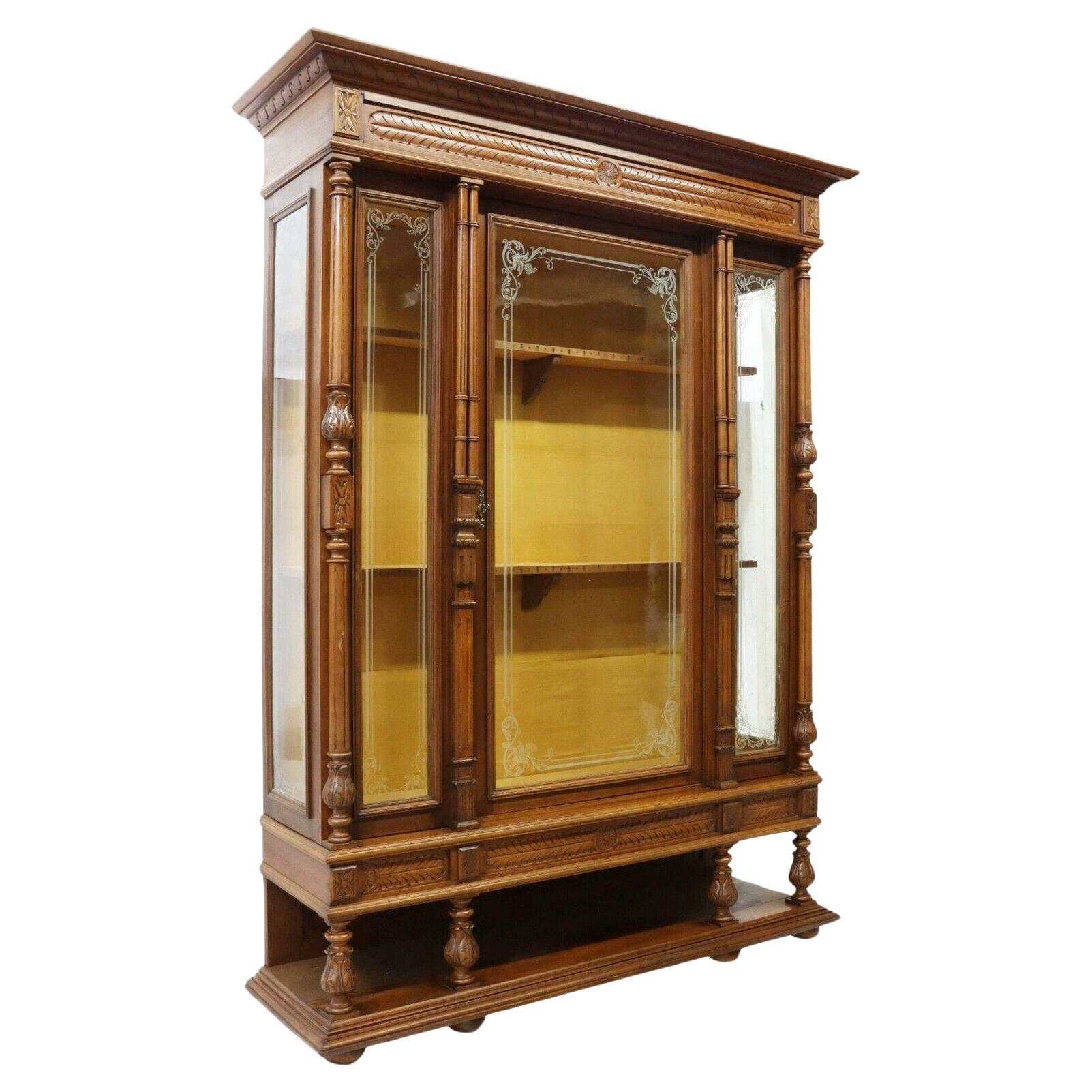 1800's Antique Etched Glass French Henri II Style, Walnut Bookcase For Sale