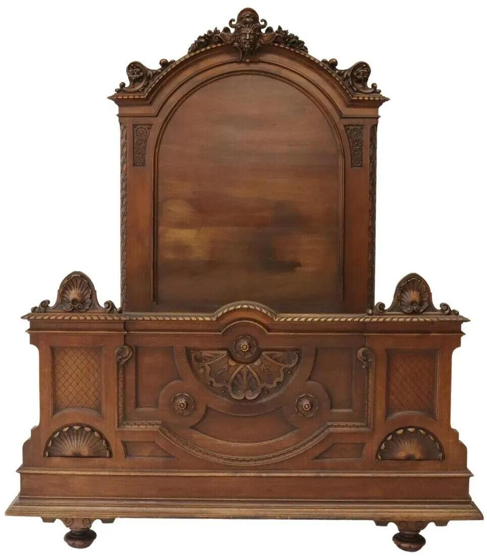 Stunning  Antique Bed , Fine French Carved, Mahogany, 19th Century, 1800's!  Masks, florals, cornice, motifs!!

French carved mahogany bed, 19th c., satyr mask crest, surmounted by florals, over molded cornice, paneled footboard carved with shell