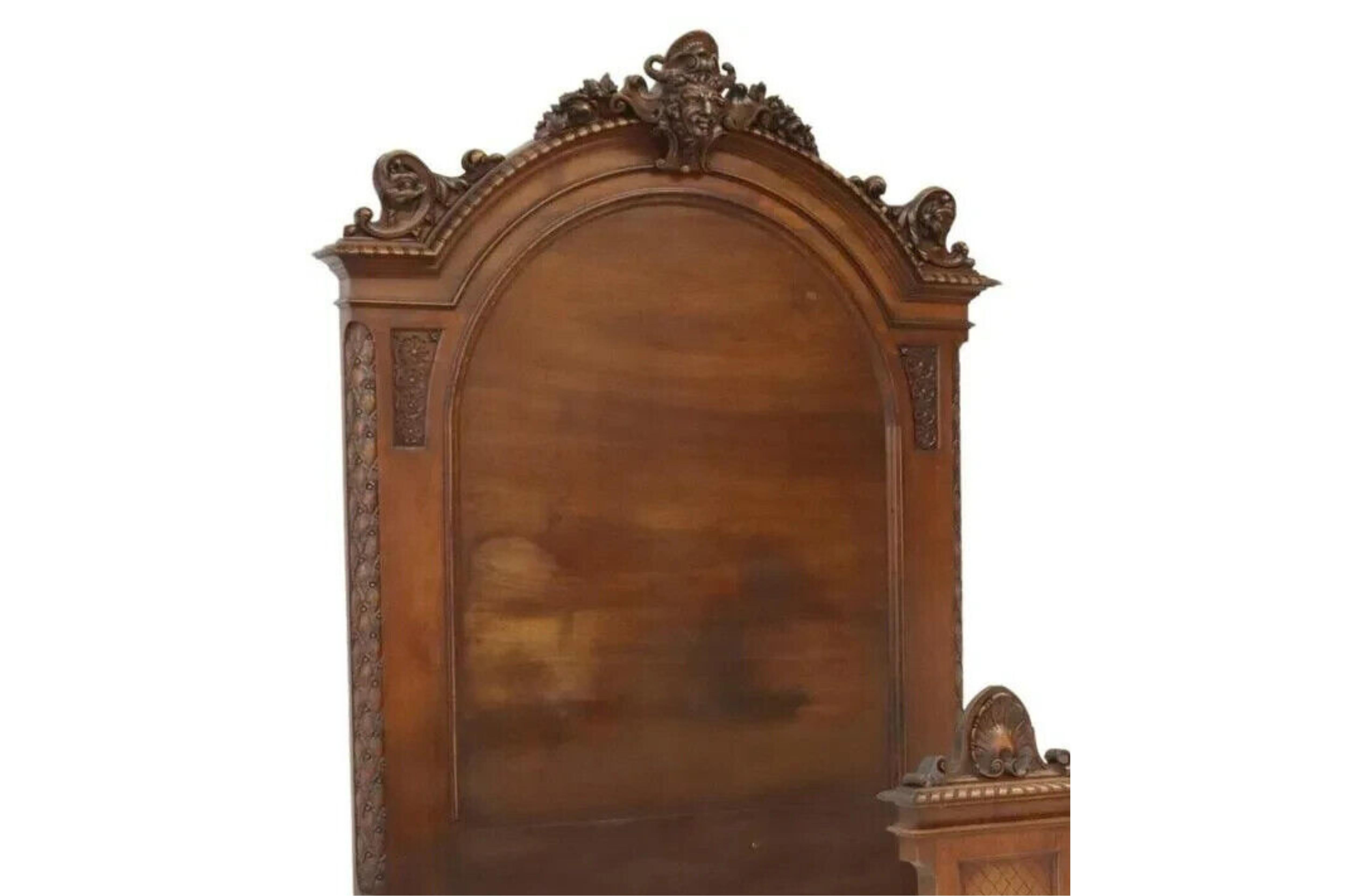 1800's Antique Fine French, Carved, Mahogany, Crest, Motifs, Florals Bedframe!! In Good Condition In Austin, TX