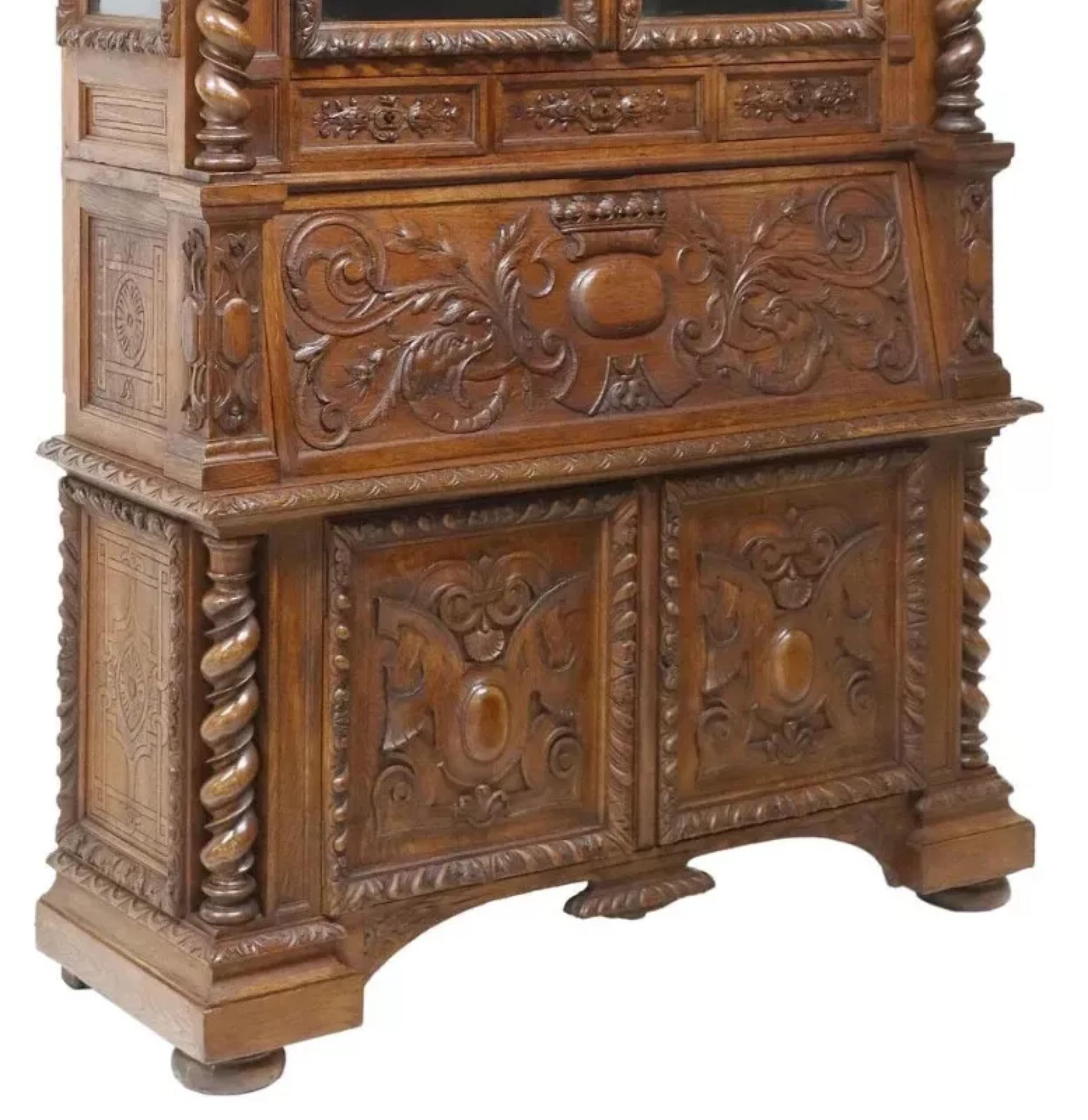 Other 1800's Antique Fine French Henri II Style, Carved Oak Bookcase, Secretary! For Sale