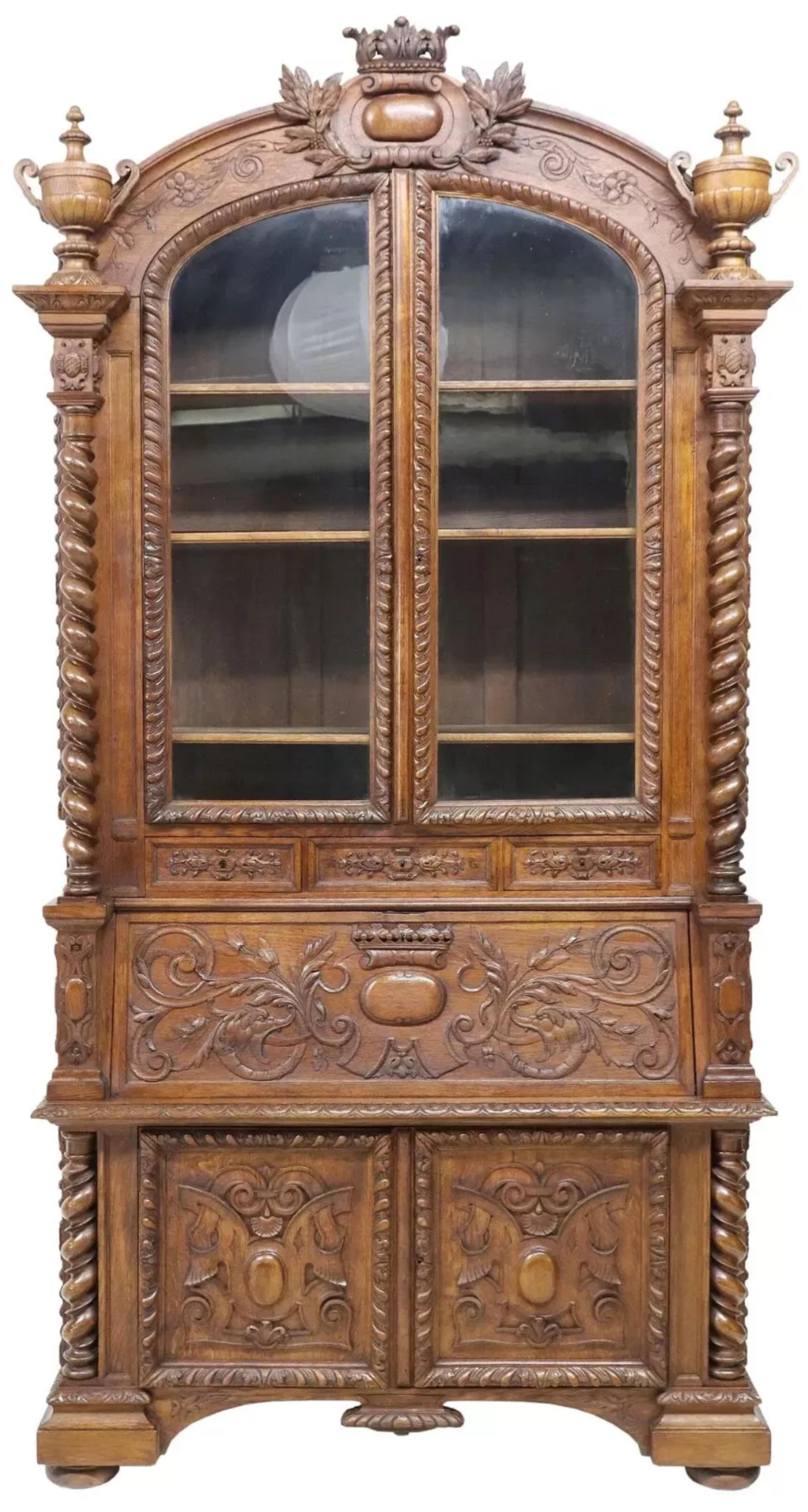 Hand-Carved 1800's Antique Fine French Henri II Style, Carved Oak Bookcase, Secretary! For Sale